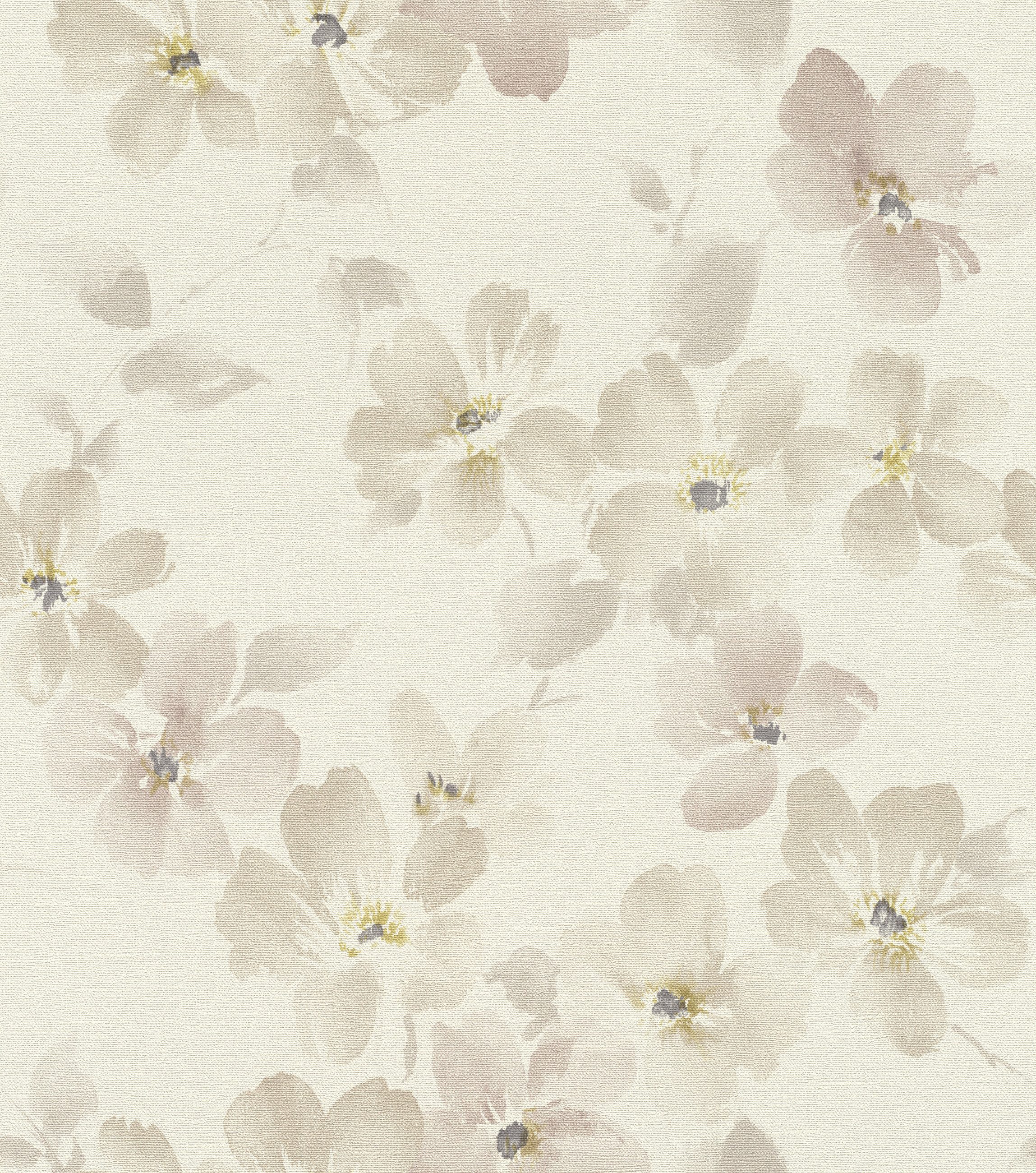 Rasch Vliestapete Blüten & Blumen - Vinyltapete Beige Creme, floral, (1 Rolle, 1 St., 10,05 m x 0,53 m), Lichtbeständige Farben - Feucht abwischbar - Restlost abziehbar
