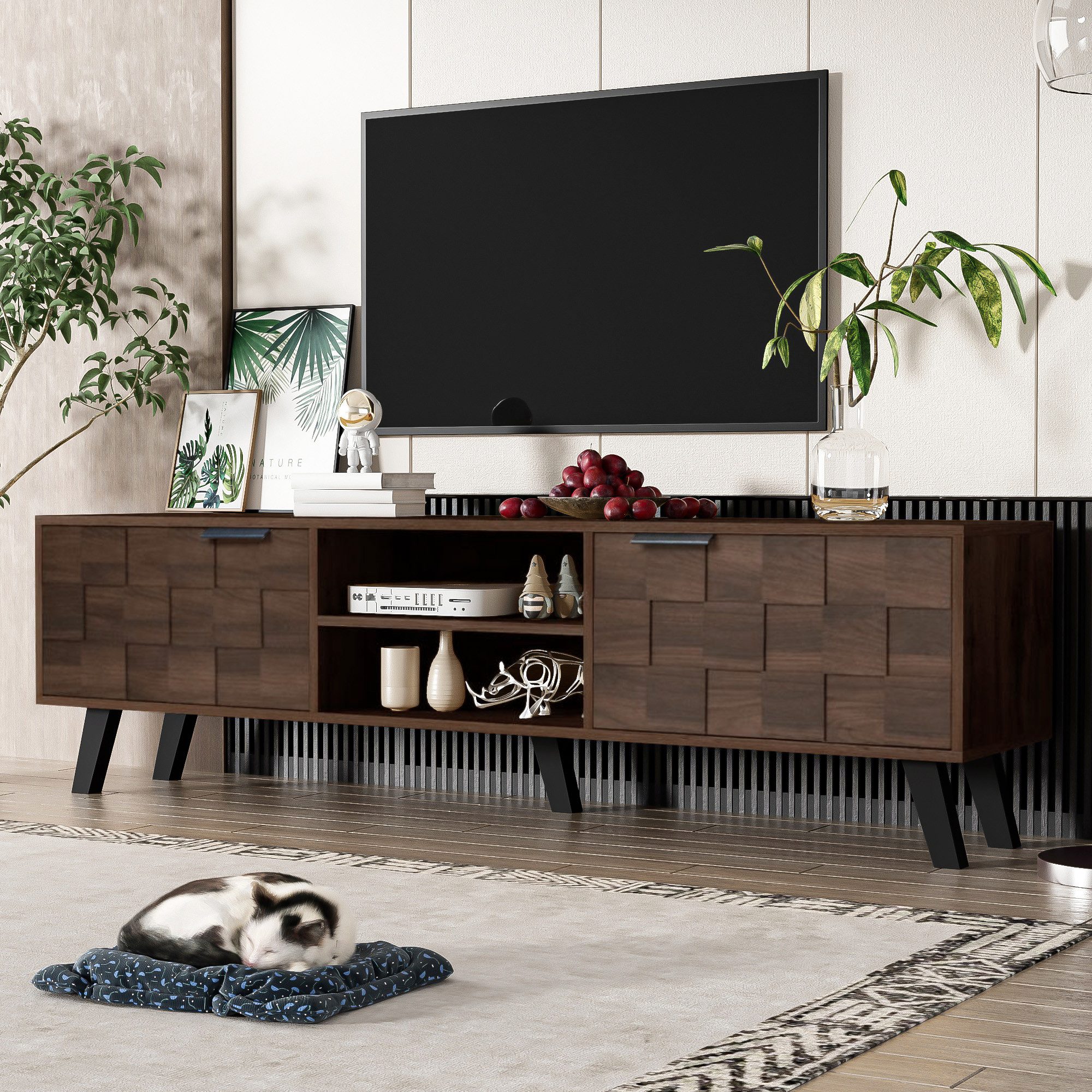 Merax Lowboard mit Holzmaserungsdesign und dämpfenden Scharnieren (1 St), TV-Schrank mit 2 Türen und 2 offenen Fächern, 160,5×35,5×45 cm