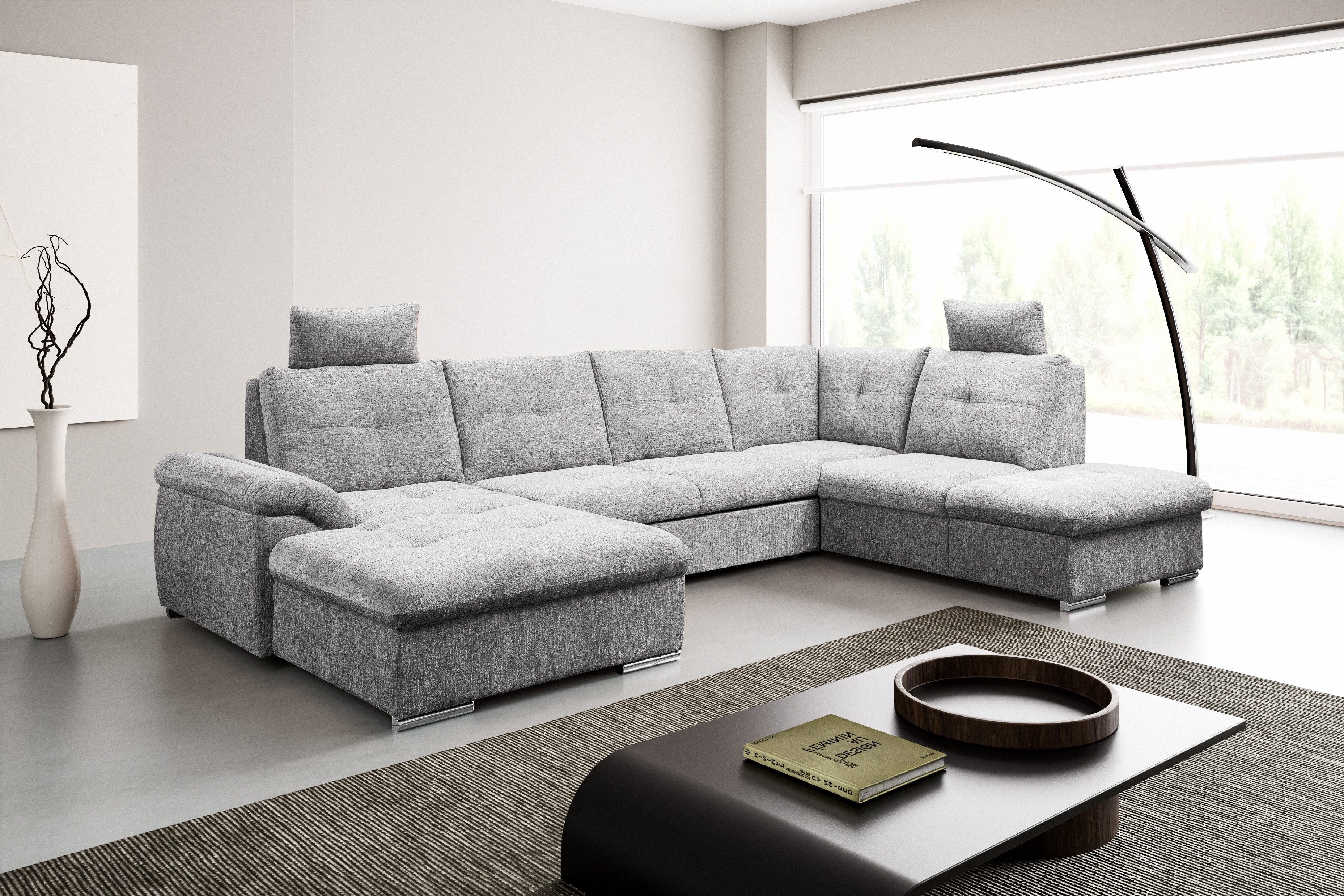 WERK2 Wohnlandschaft Arena, B/T: 339/220 cm breit, moderner, einladender Sitzkomfort, 2x Kopfstützen, Schlaffunktion und Bettkasten, U-Form