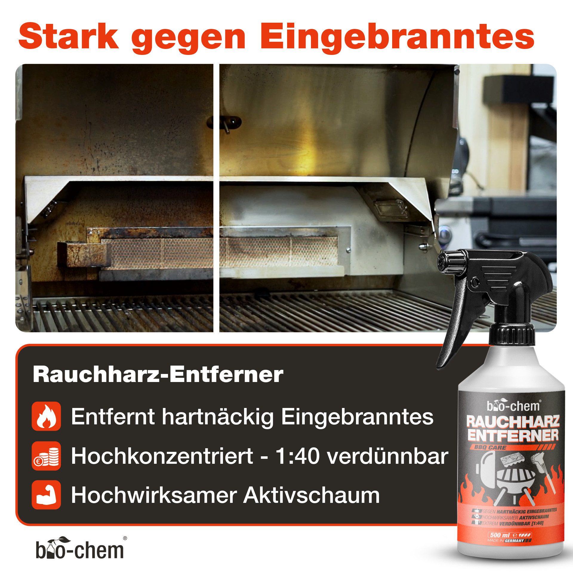 bio-chem Grillreiniger Set 5-teilig – Profi-Reinigung & Edelstahlreiniger Grillreiniger (Sparpaket, [- Rauchharz-Entferner, Edelstahl-Reiniger, Grillbürste, Schwamm, Tuch 4-teiliges Set mit Reinigern & Zubehör)
