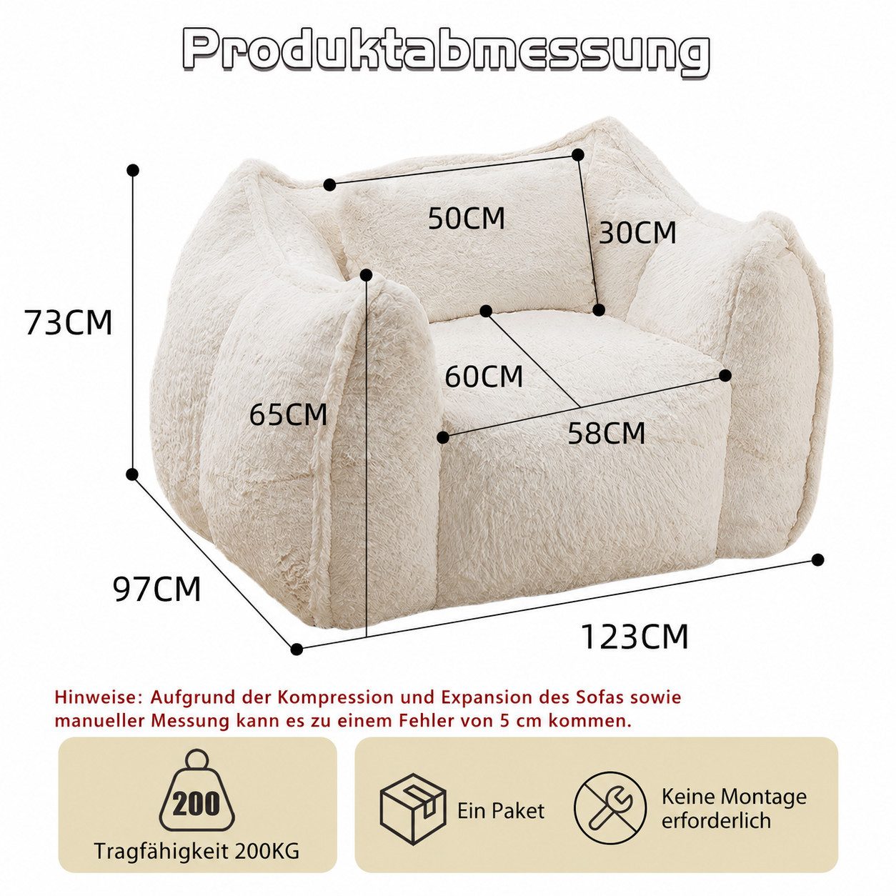 Vankel Relaxliege Sofas Wohnzimmer Loungesessel aus Kunstfell weich & bequem, Bean Bag Sessel mit Schaumstofffüllung und ohne Montage