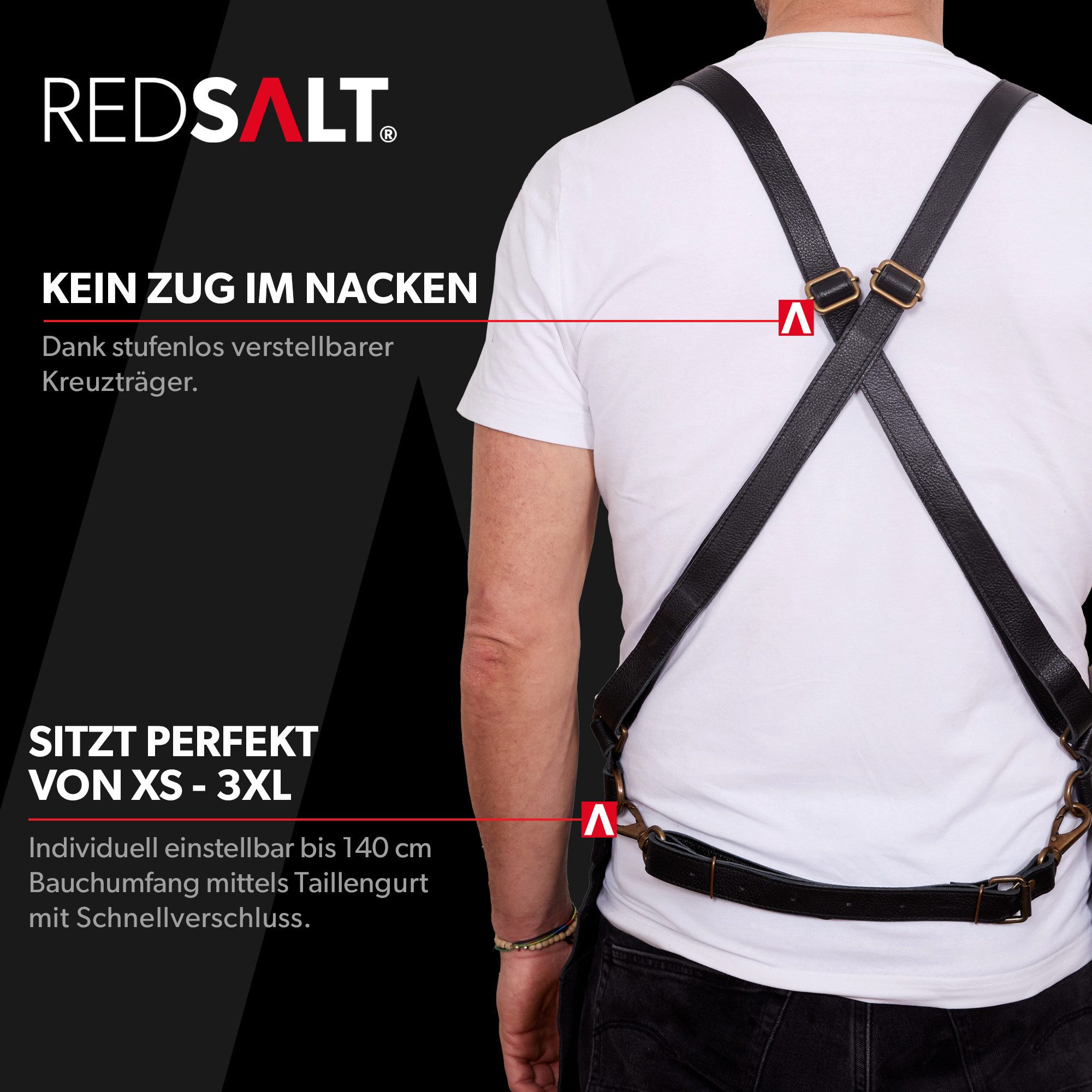 REDSALT® Grillschürze Premium Lederschürze 100% Rindsleder 84x62cm Crossback, Beidseitige Materialschlaufen, Frontasche, verstellbare Rückenträger