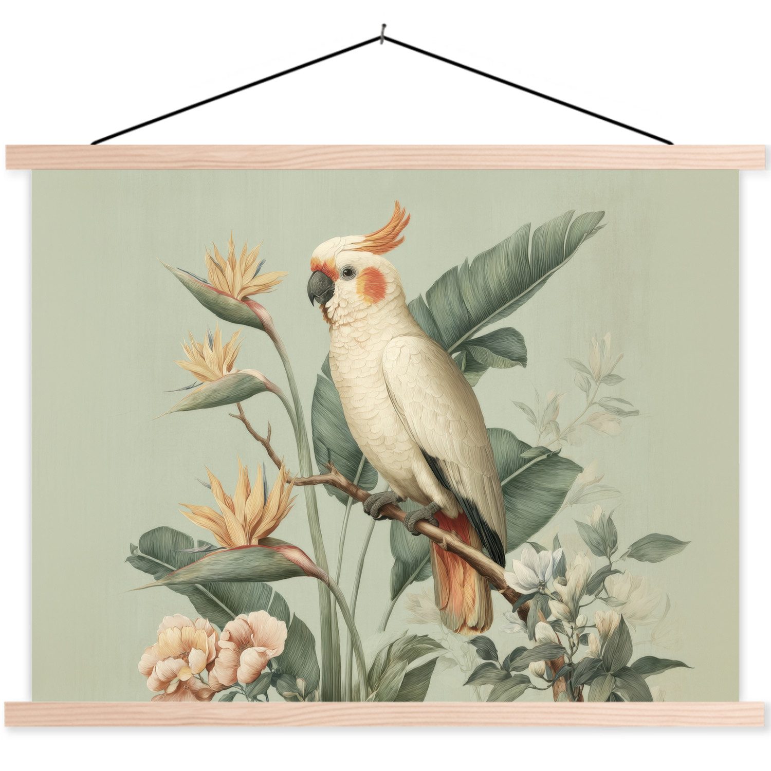 MuchoWow Poster Gelbhaubenkakadu - Paradiesvogel Blumen - Grün, (1 St), Posterleiste, Textilposter für Wohnzimmer, Bilderleiste, 40x30 cm