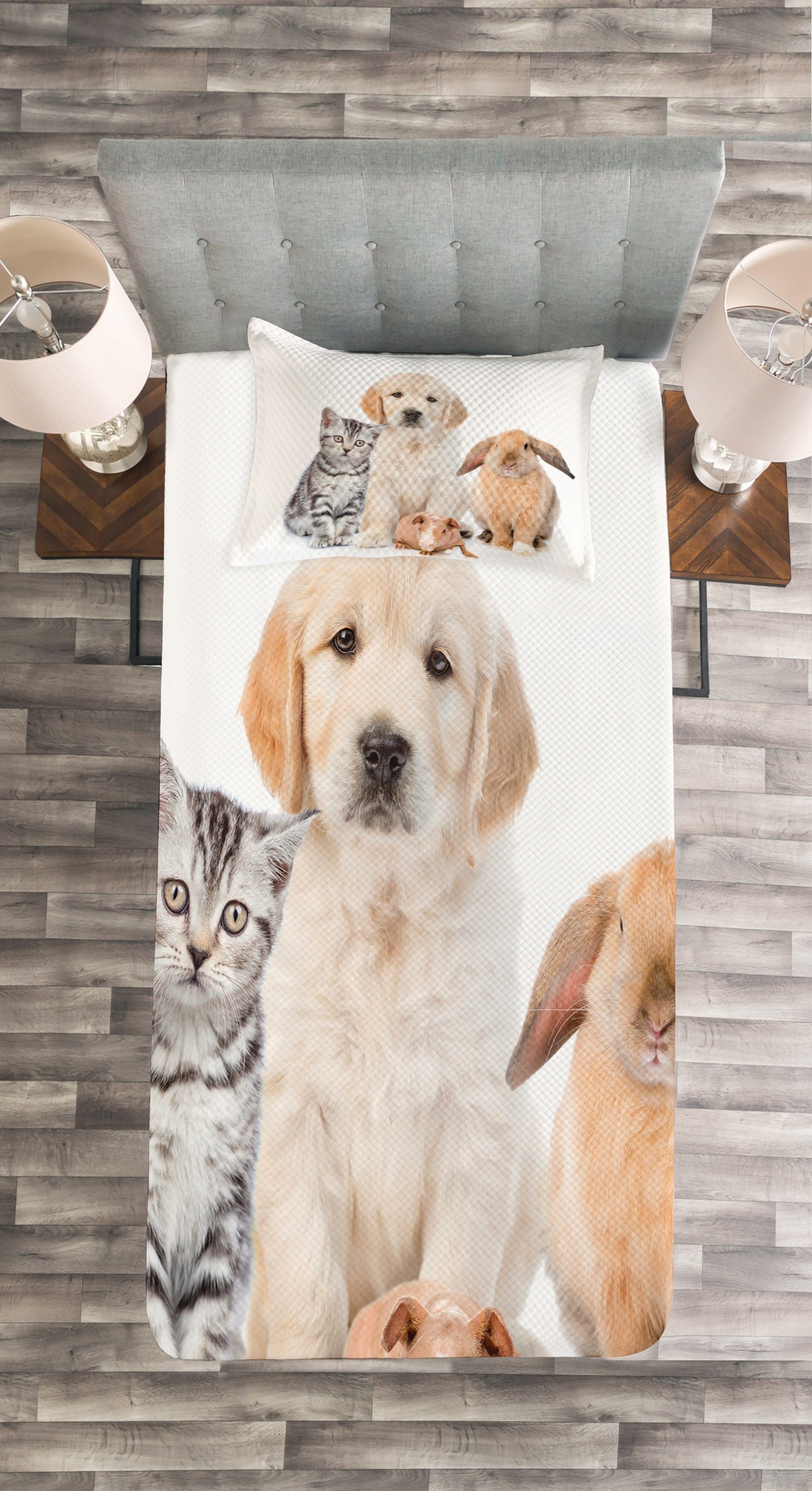Abakuhaus, Waschbar, Hund Häschen und Piglet mit Set Katze Tagesdecke Staring Kissenbezügen