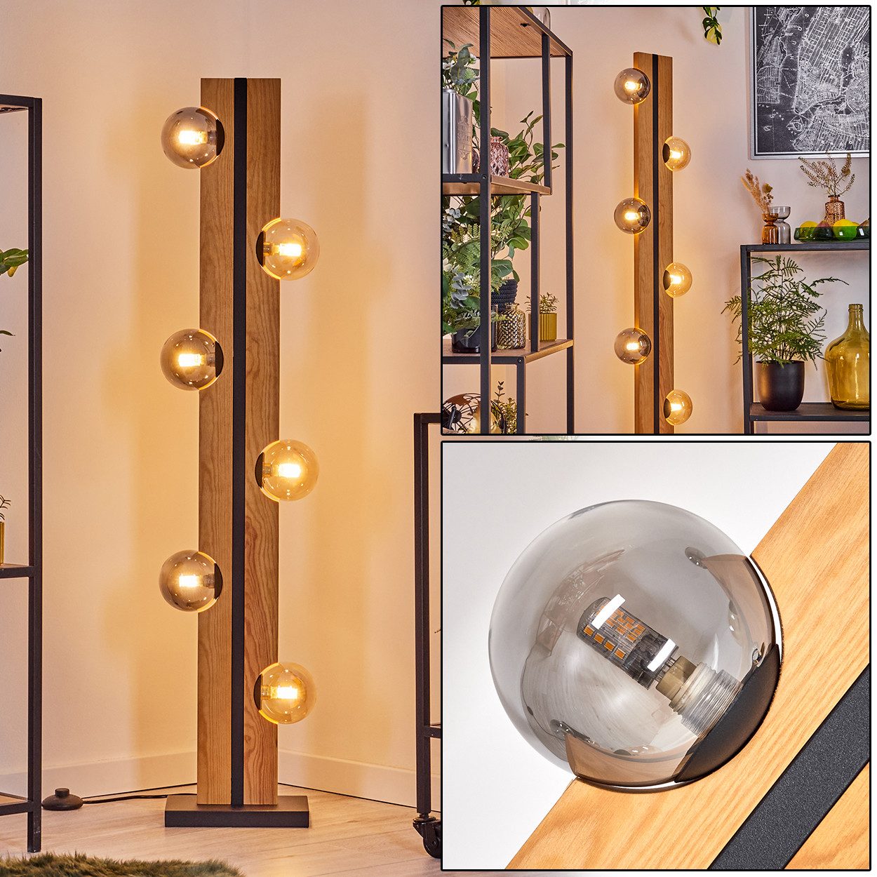 hofstein Stehlampe Stehlampe aus Holz/Metall/Glas in Natur/Schwarz/Bernstein-/Rauchfarben, ohne Leuchtmittel, moderne Stehleuchte im Retro/Vintage-Design, Höhe 120 cm, 6 x G9