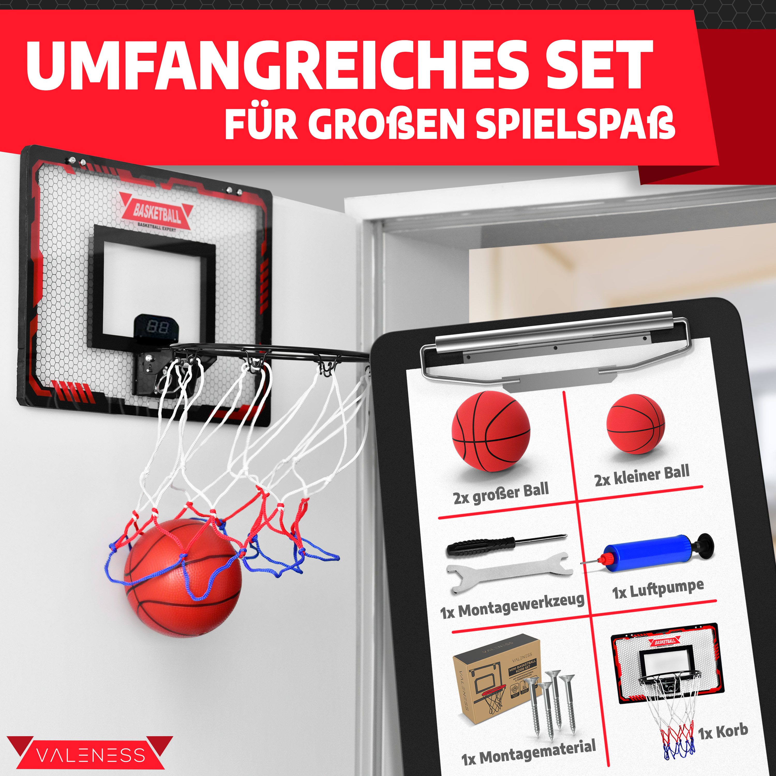 VALENESS Basketballkorb VALENESS® Mini Basketballkorb Indoor [für Tür & Wandmontage] Zähler (1-St)