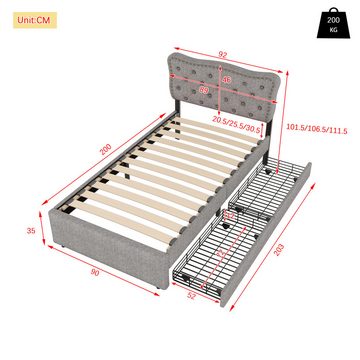 Ulife Polsterbett Kinderbett Jugendbett flaches Bett mit 2 Schubladen, Nachttischpolsterung mit dekorativen Nieten, 90x200cm