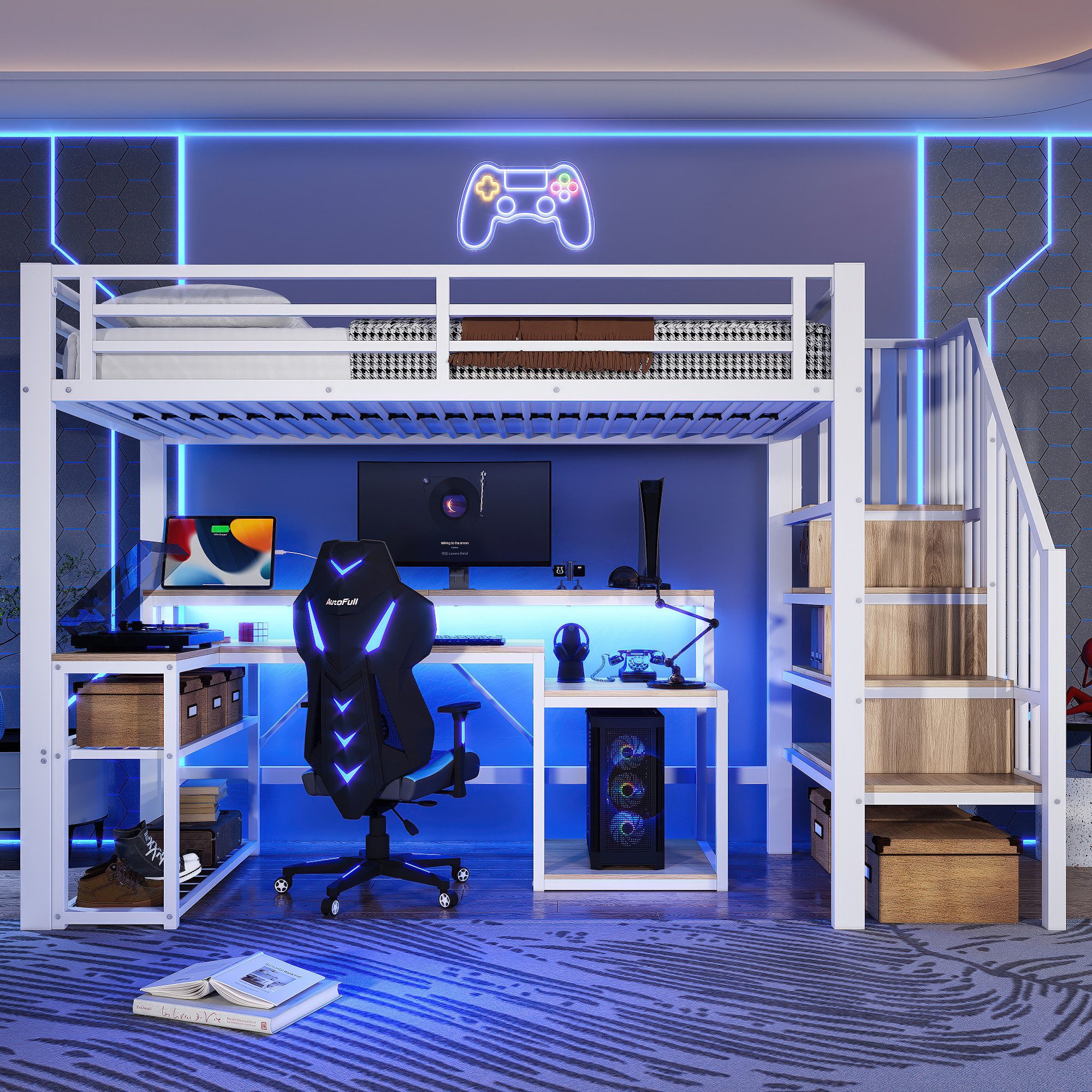 Flieks Hochbett Metall Kinderbett 90x200cm mit LED Ablagefach Schreibtisch Aufladen – Bild 2 von 5
