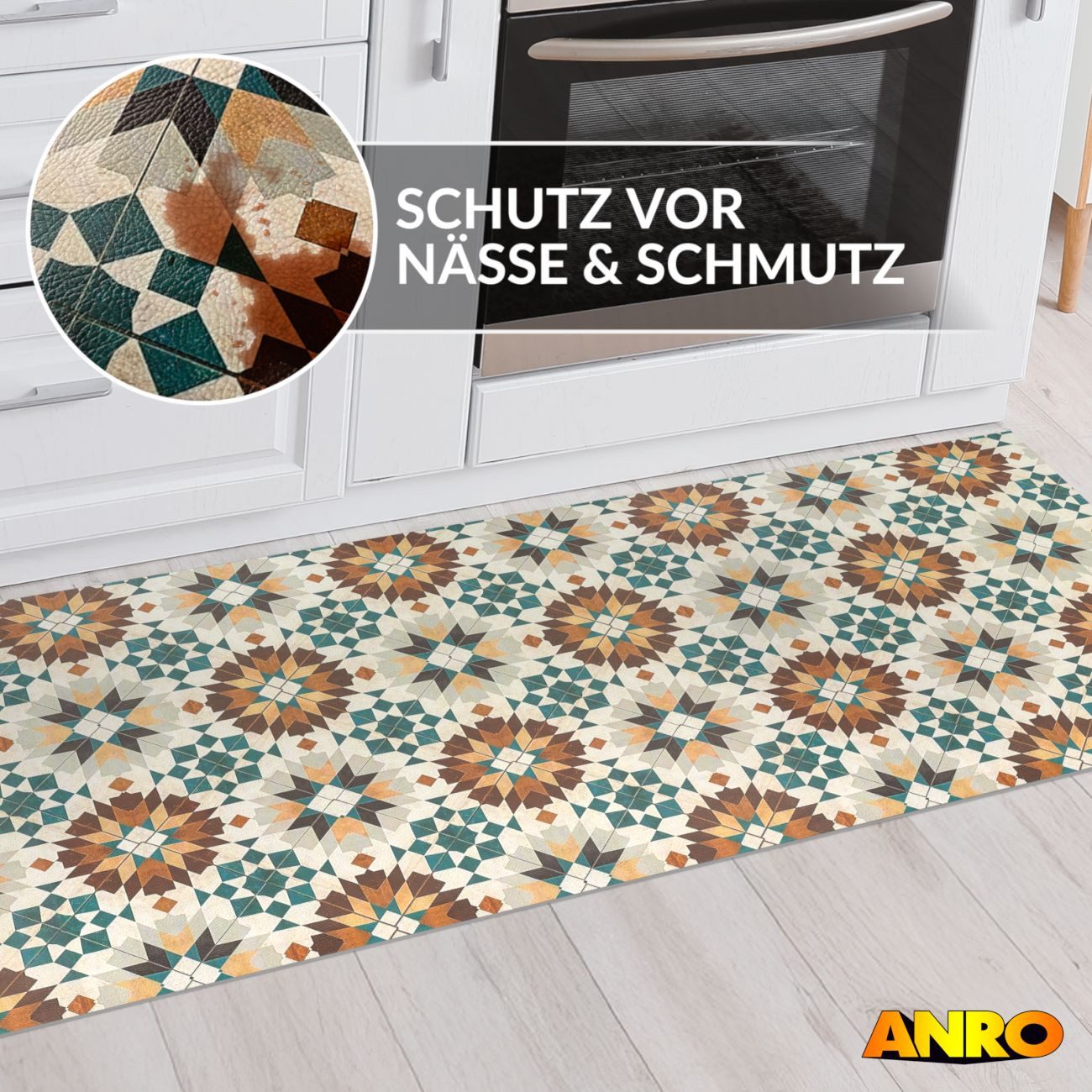 ANRO Küchenläufer abwaschbar Sternblume LADY Läufer pflegeleicht Küchenteppich, Rechteckig, Höhe: 3 mm, robust schmutzabweisend 67x100cm Vintage Bunt robust – Bild 5 von 5