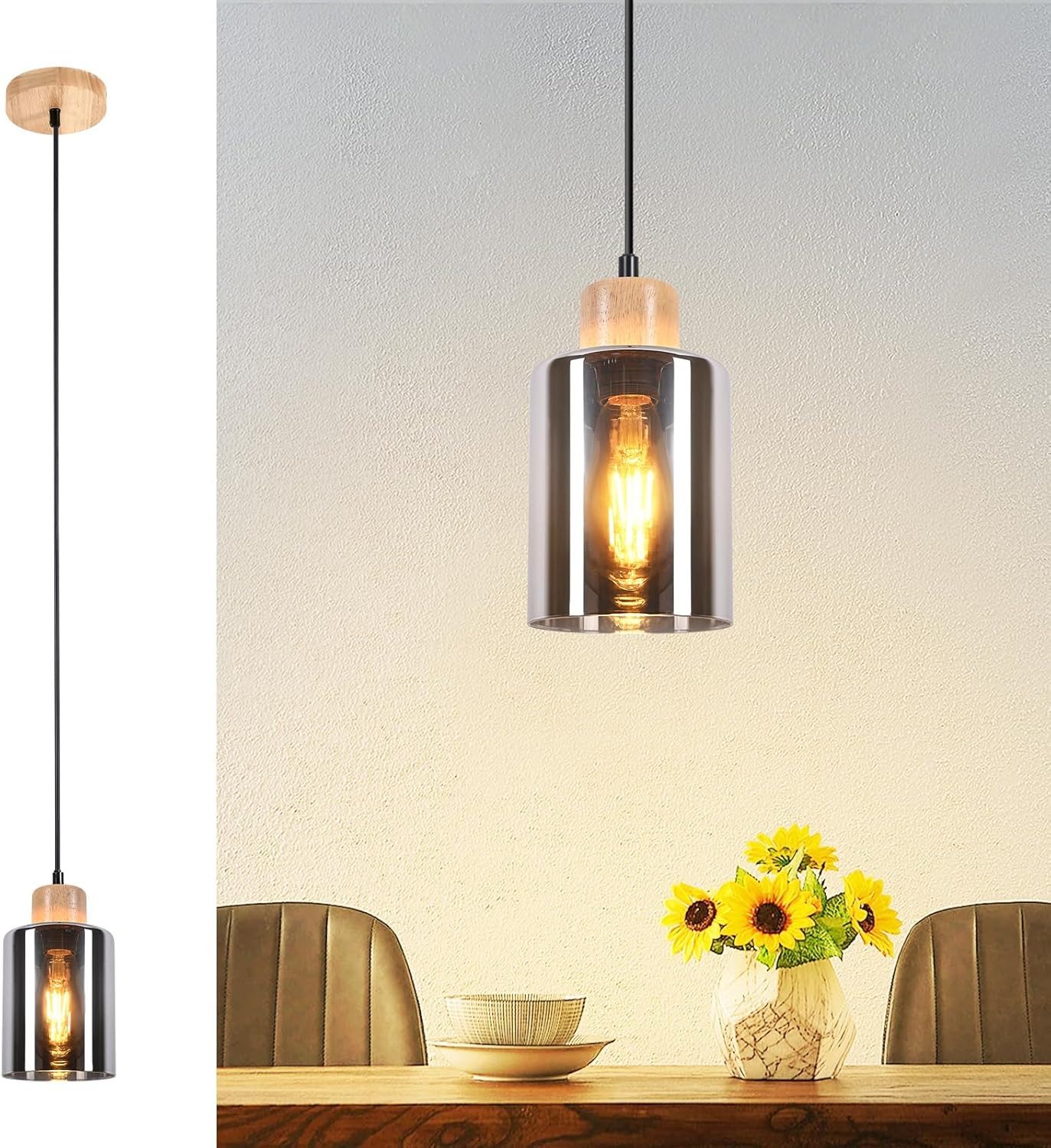 Nettlife Pendelleuchte Vintage Holz 1/3/4 flammig Industrial Hängelampe E27, Höhenverstellbar, LED wechselbar, Rauchglas Hängelampe für Küche Esszimmer Flur