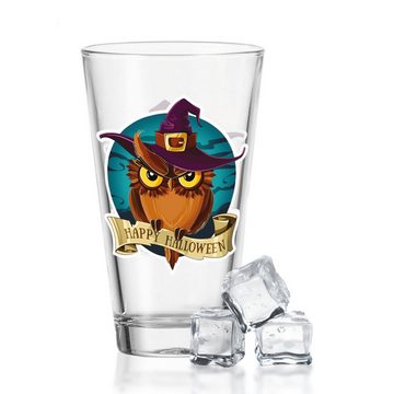 GRAVURZEILE Glas Wasserglas mit UV-Druck - Happy Halloween Eule Design, Glas, Stilvolle Halloween Dekoration - Eule mit Hexenhut