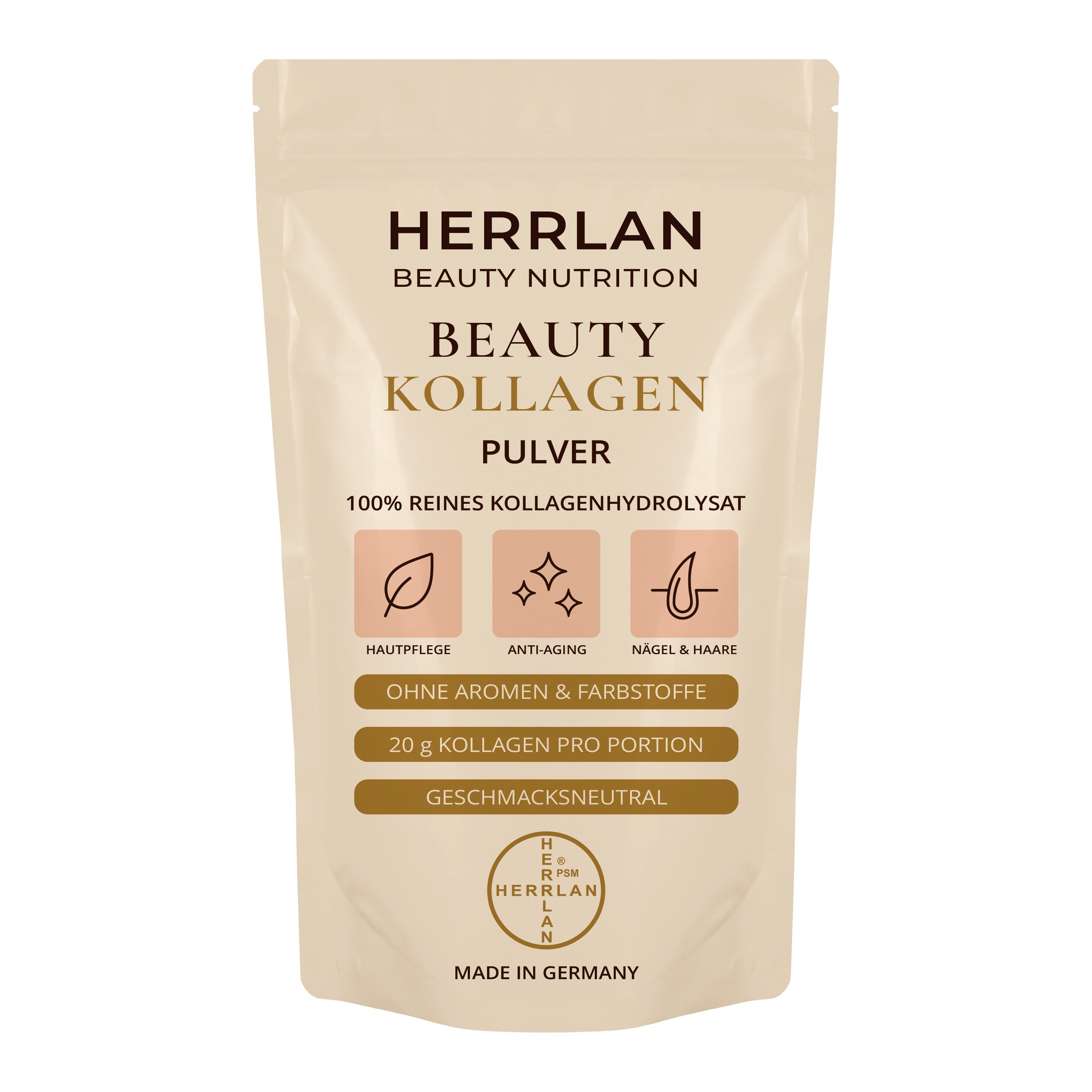 HERRLAN Beauty Collagen Pulver Pulver, hochdosiertes Kollagen Hydrolysat Typ 1, 2, 3 à 500 g