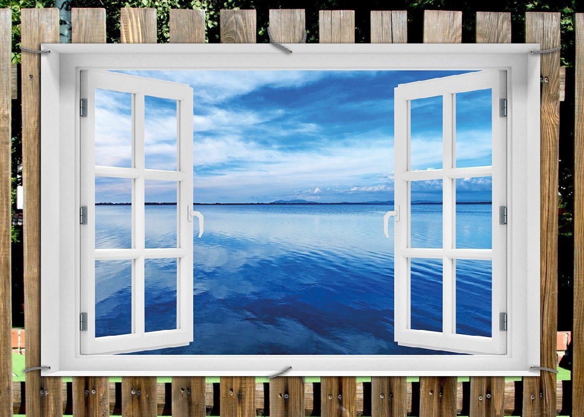 Thumbnail - Wallario Sichtschutzzaunmatten Blaue Meeresbucht in Italien mit Spiegelung im Wasser, mit Fenster-Illusion