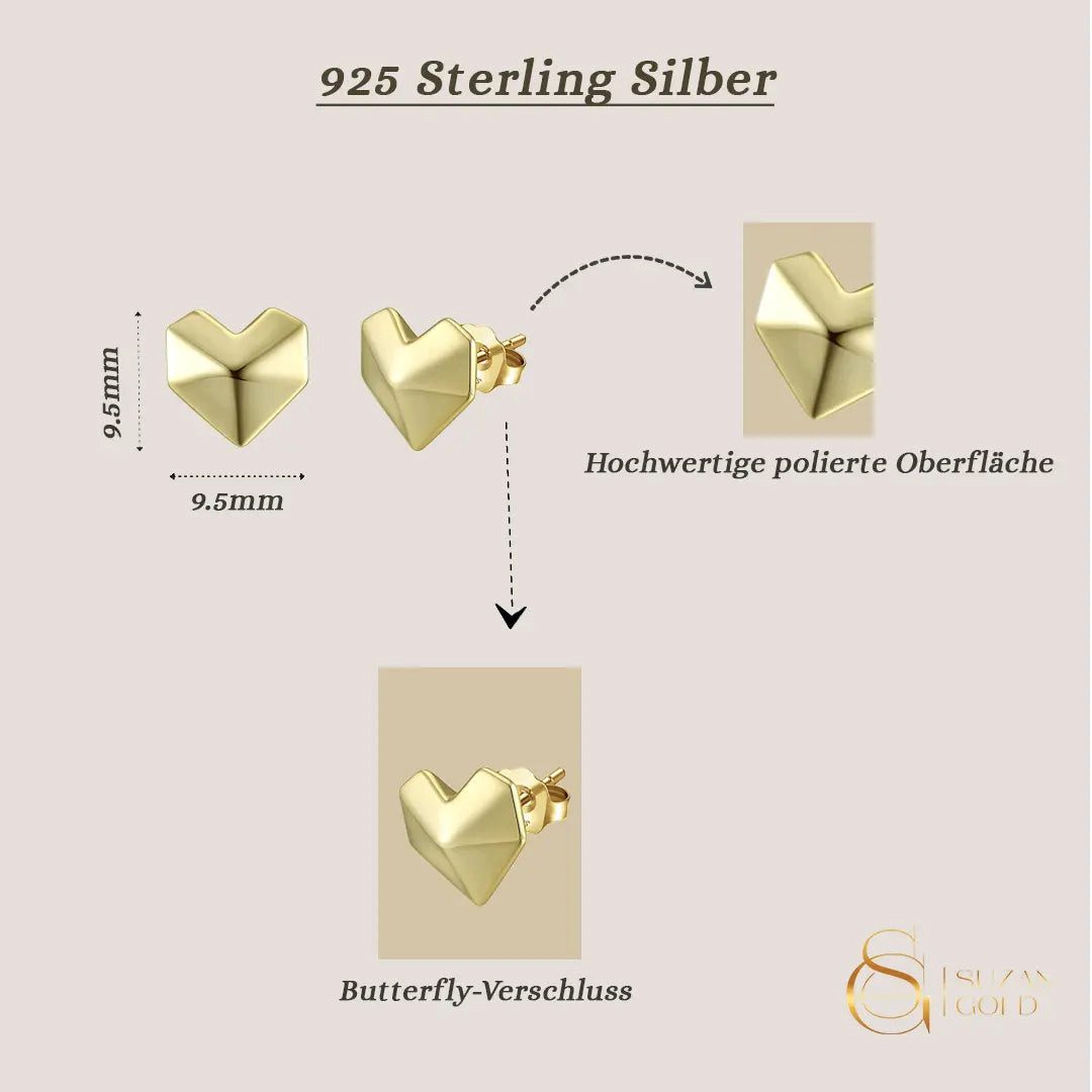 Suzan Gold Paar Ohrstecker 925 Silber Herzmotiv glänzend wasserfest