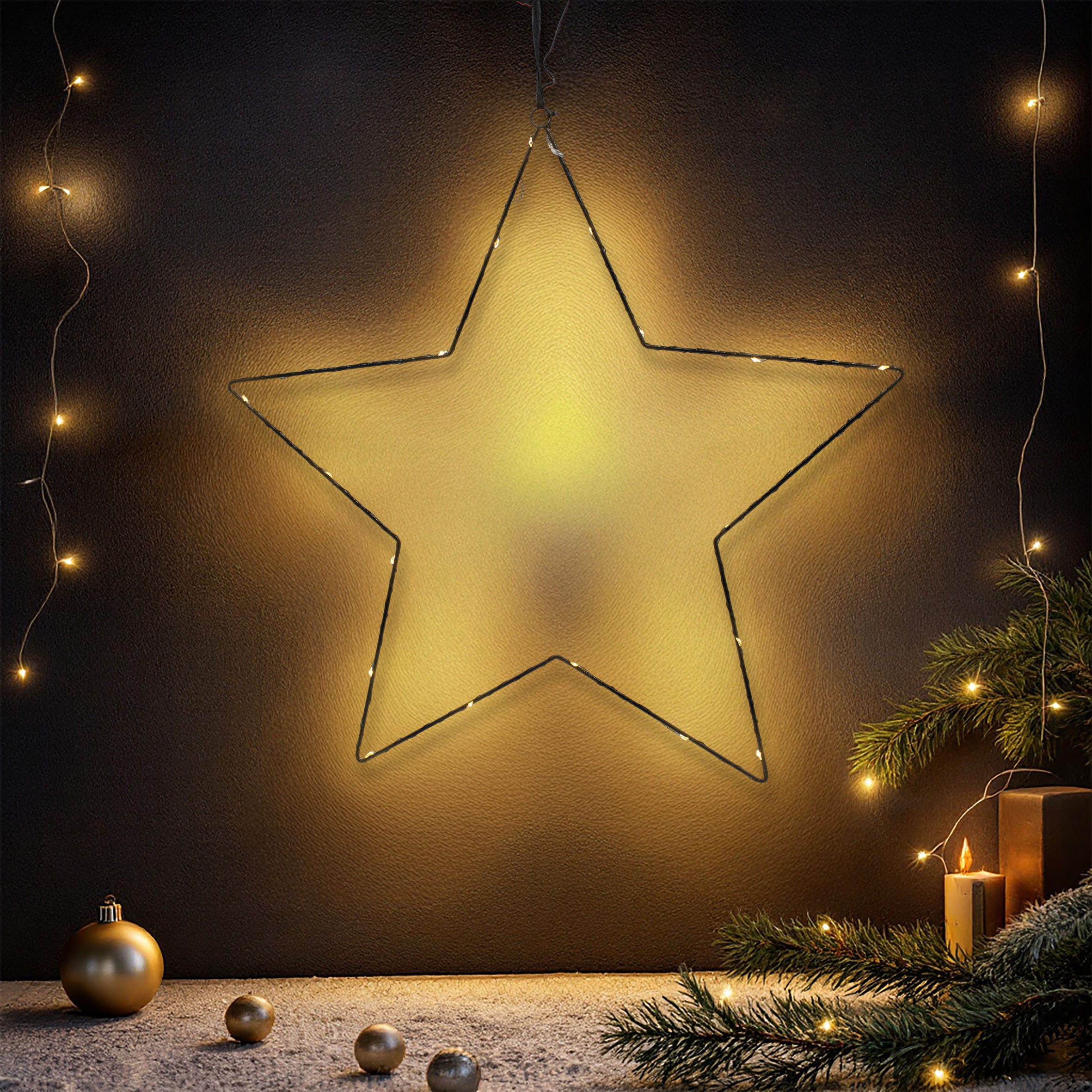 Spetebo LED Stern Metall Leuchtstern zum Hängen schwarz 6 Stunden AN / 18 Stunden AUS, Timer, LED fest integriert, warm weiß, Длина der Zuleitung ca. 25 cm