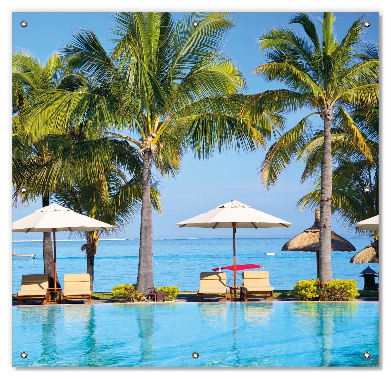Sonnenschutz Sonnenschirme am Südsee-Palmenstrand mit blauem Meer-Wasser, Wallario, blickdicht, mit Saugnäpfen, wiederablösbar und wiederverwendbar