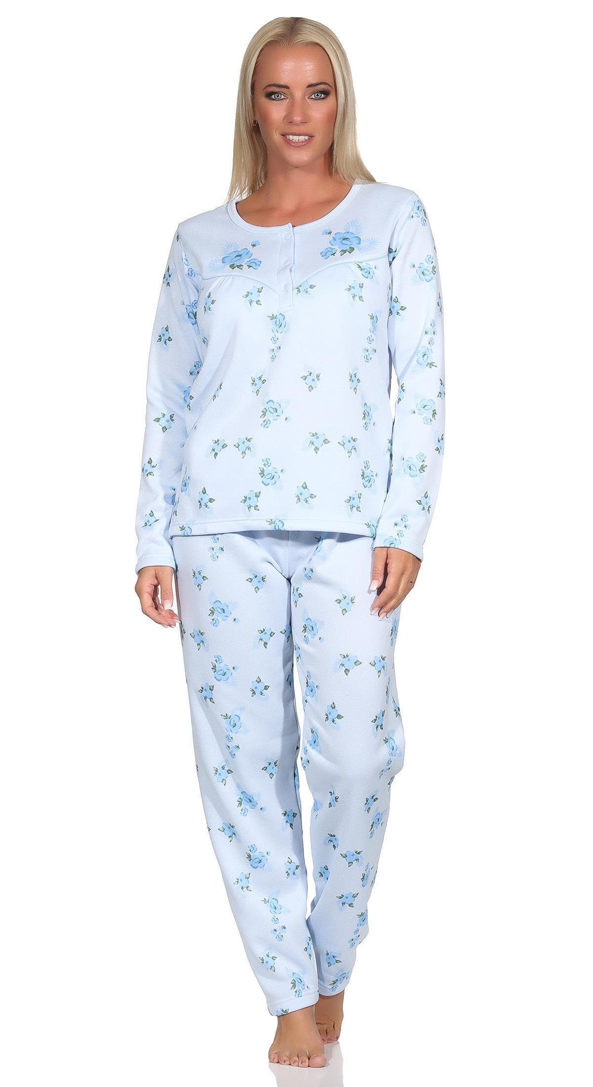 Damen M Gr. Schlafanzug, (2 Hellblau XL XXL Pyjama Pyjama L tlg) Thermo lang zweiteiliger EloModa