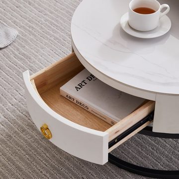 OKWISH Couchtisch Satztisch Rund Beistelltisch Kaffeetisch Wohnzimmertisch Sofatisch (Schiefer-Tischplatte, mit Schublade, Keine Lötstellenstruktur, 2-teiliges Set, 2-in-1 Set Tisch)