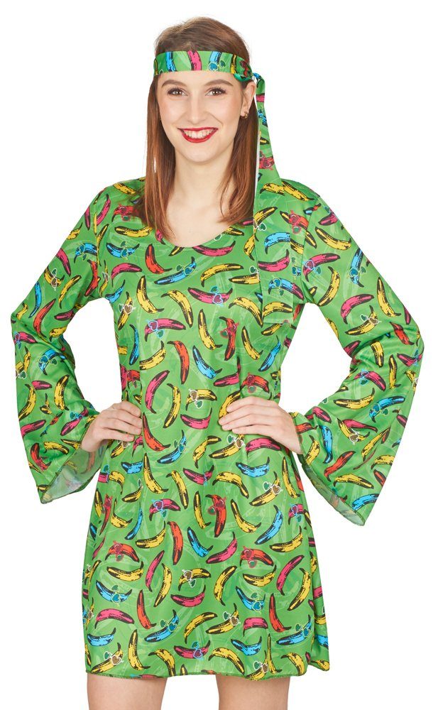 ANDREA-MODEN Hippie-Kostüm Pop Banana Damen Retro Hippie Kostüm - Grün - Hippie Kleid mit Trompetenärmeln und Haarband 70er Jahre Kostüm Festival Schlagermove Karneval Hawaii Mottoparty Bohemain Chic Stil
