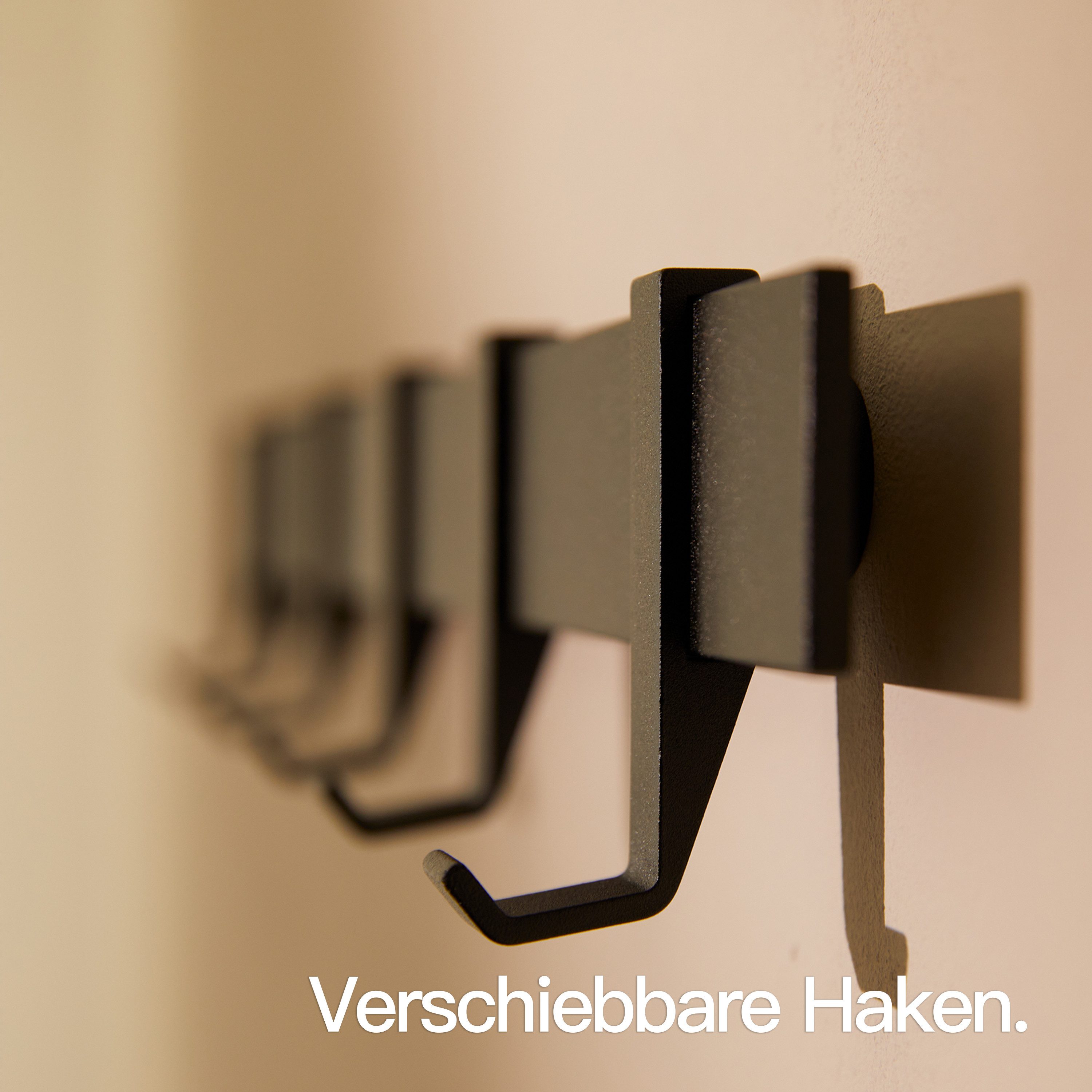 Designfabrik Hamburg Garderobenleiste, Wandgarderobe aus Metall, Garderobenhaken modern, verschiebbare Haken, schwebende Optik