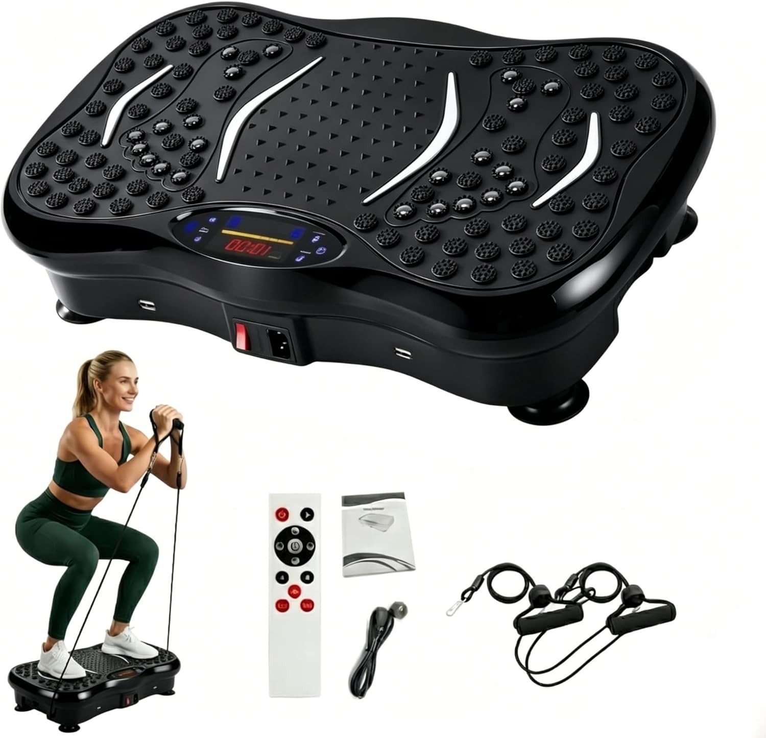 pedete Vibrationsplatte mit 5 Trainingsprogramme Widerstandsbänder mit Griff LED-Display, 99 Intensitätsstufen, Bluetooth für Ganzkörpertraining, Abnehmen, Fettverbrennung