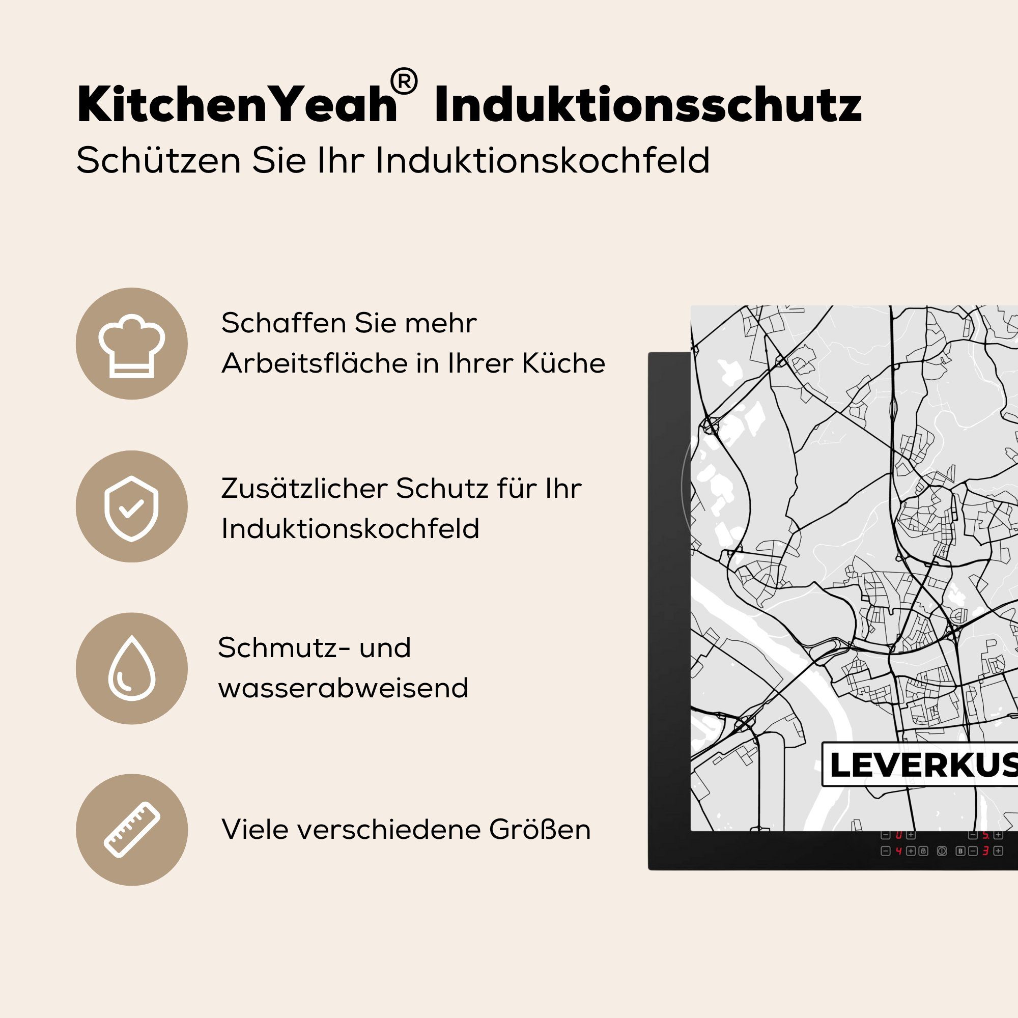 MuchoWow Herdblende-/Abdeckplatte 78x78 Deutschland Leverkusen, - Ceranfeldabdeckung, - küche cm, Arbeitsplatte - für (1 Vinyl, Stadtplan Karte tlg)