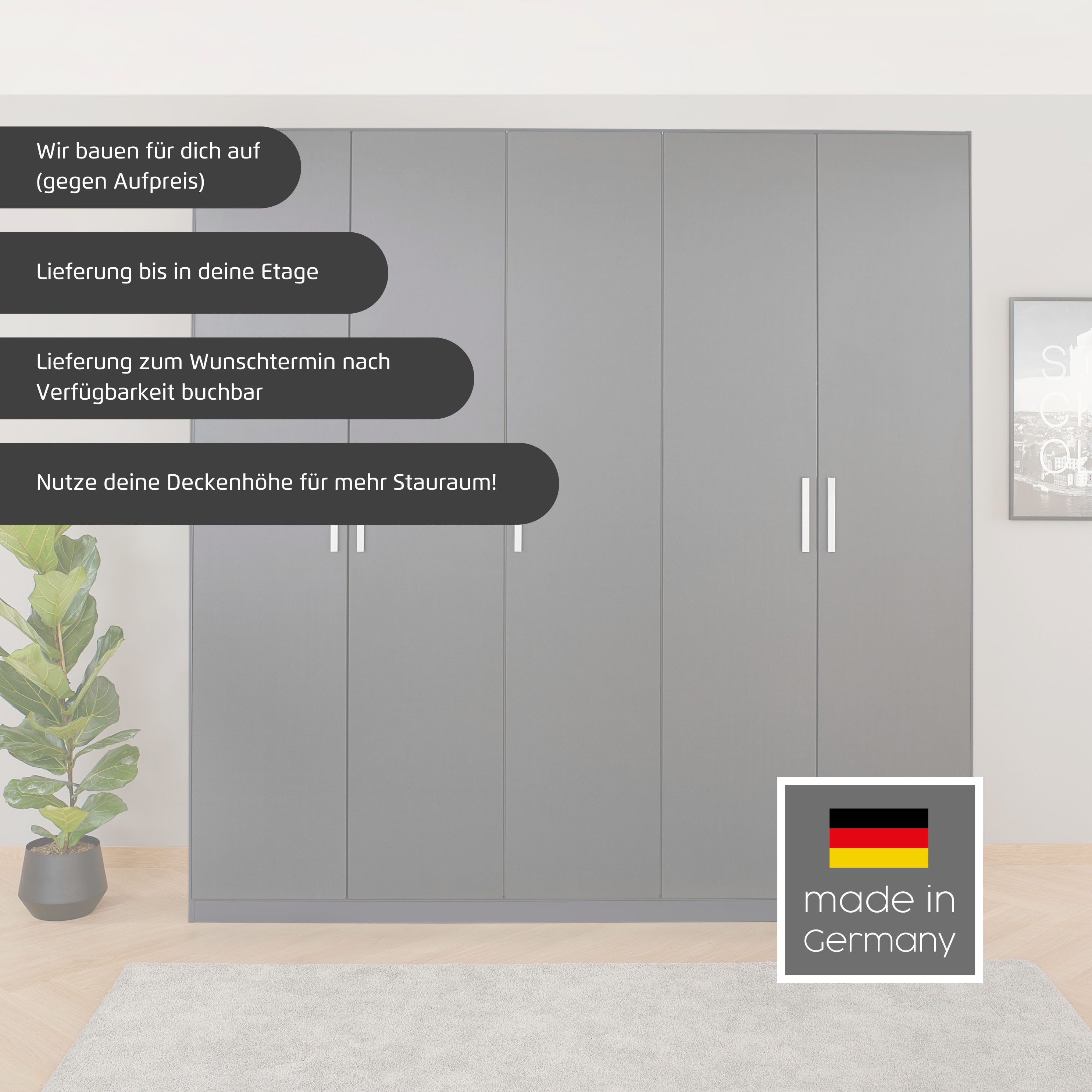 rauch Drehtürenschrank Kleiderschrank Schrank Garderobe Ankleide KOLUNA mit Dekor-Front (Breiten 181/226/271/315 cm Höhen 210/229 cm) mit Spiegel, inkl. 2 Innenschubladen sowie extra Böden MADE IN GERMANY