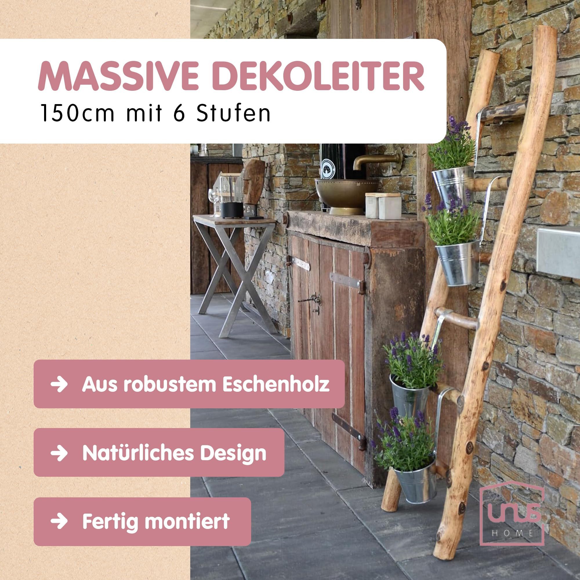 UNUS HOME Regalleiter Deko-Holzleiter (120cm, old look), Dekoleiter, Gartendeko, Pflanzenhalter, Handtuchleiter, Holzleiter