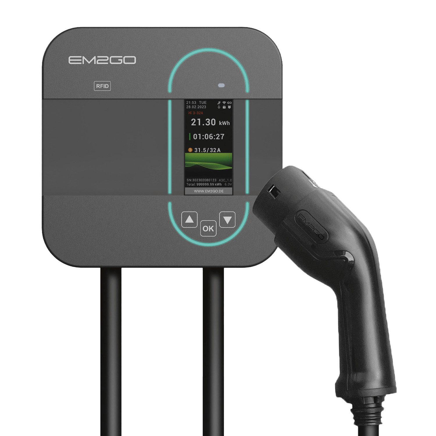 EM2GO EM2GO Wallbox 11kW mit App, RFID, Typ 2 Ladekabel & CEE Adapter Elektroauto-Ladegerät (Wallbox Solarkompatibel - Batteriespeichertauglich)