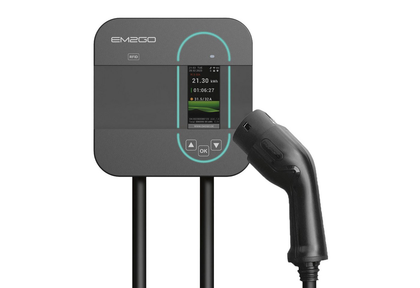 EM2GO EM2GO Wallbox 11kW mit App, RFID, Typ 2 Ladekabel & CEE Adapter Elektroauto-Ladegerät (Wallbox Solarkompatibel - Batteriespeichertauglich)