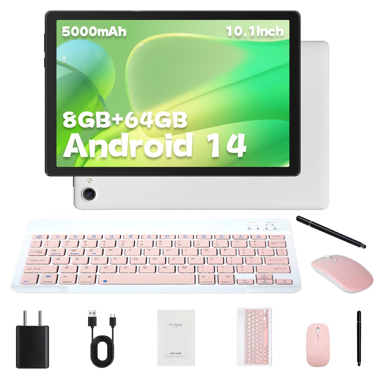 BUFO 10 Zoll 1280x800 HD 5000mAh WiFi 6 mit Tastatur, Maus und Stylus Tablet (10.1", 64 GB, Android 14, 5G WiFi, Android 14 mit Tastatur Set, KI-Unterstützung, 8GB+64GB)