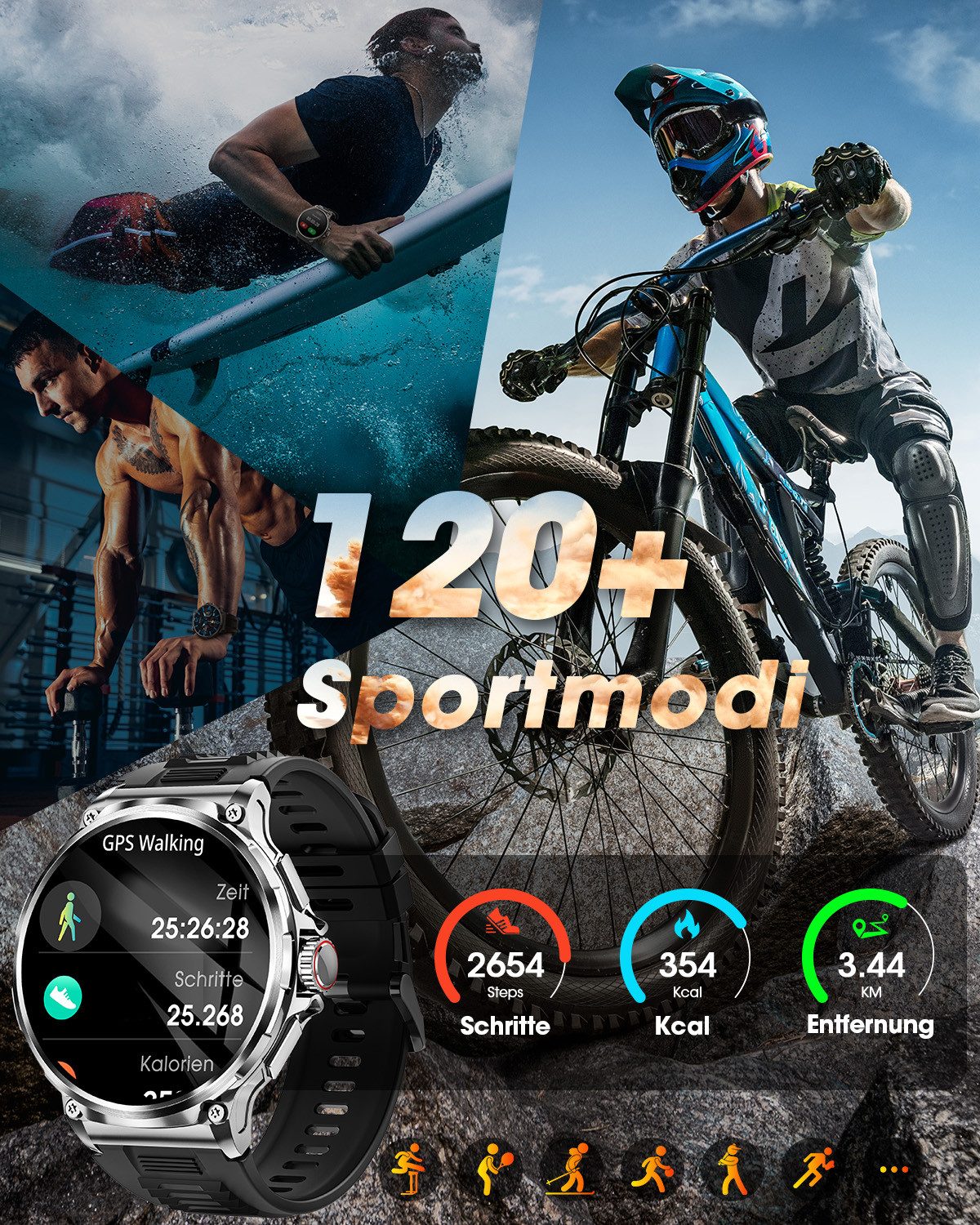 FOSMET 2026 1200-mAh-Akku,Smartwatch Herren Militärqualität,60 Tage Standby Smartwatch, Mit Herzfrequenz,SpO2 und Schlaf,Blutdruckmessung,1.92''AMOLED-Display schwarz