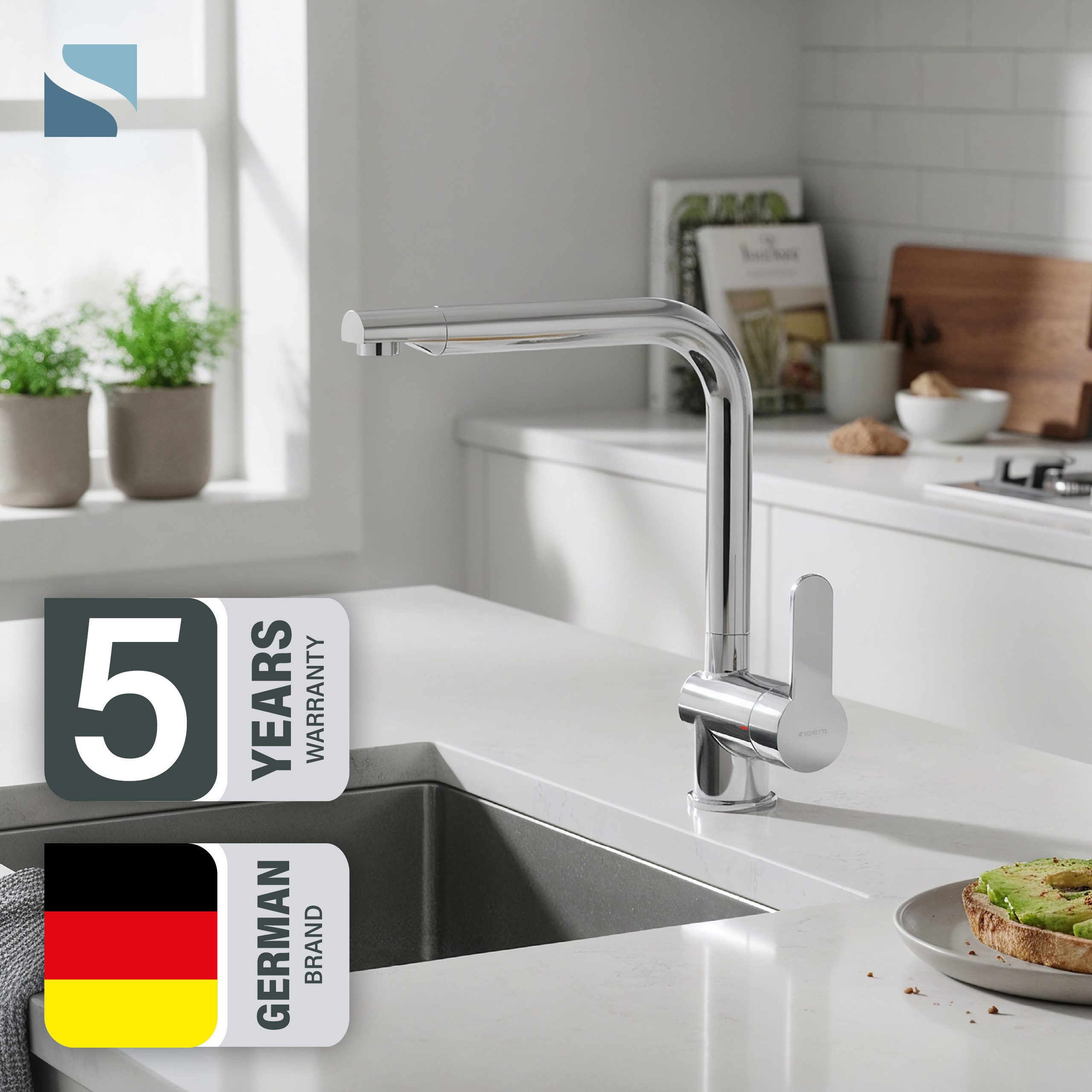 Schütte Spültischarmatur RIO Schütte Küchenarmatur, L-Form, Edelstahl, Cold-Start, schwenkbar, Edelstahl