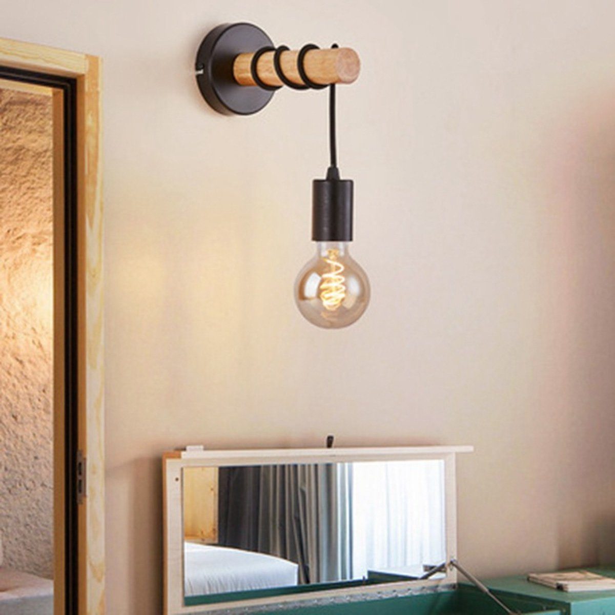 DOPWii LED Wandleuchte Retro Wandlampe aus Holz für Schlafzimmer,Wohnzimmer,E27-Lampenfassung, ohne Leuchtmittel, Vintage-Charme