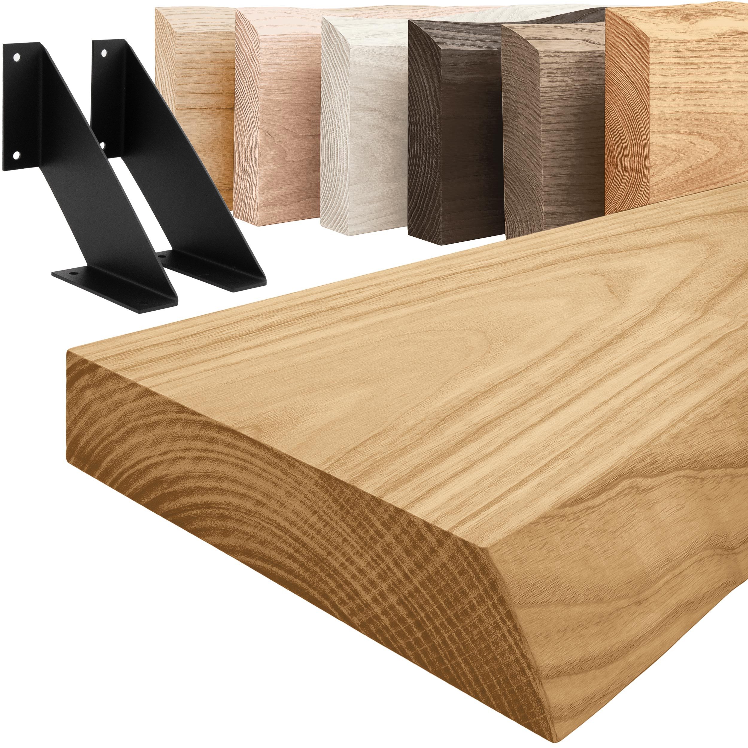 LAMO Manufaktur Wandregal Holz Baumkante Regal Farbe: Rustikal mit schwarzem Vintage 40 cm, Komplett-Set, 40mm stake Massivholzplatte