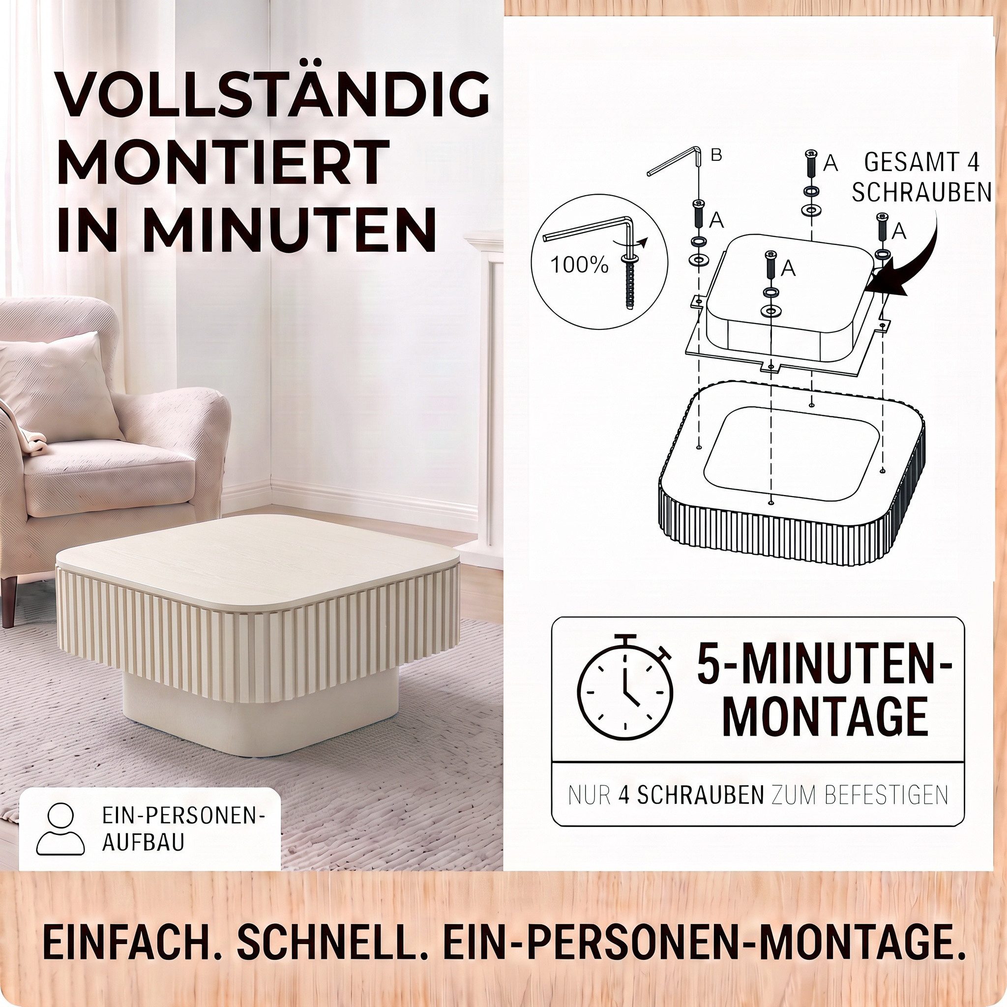 Celya Couchtisch Quadratischer Cocktailtisch mit verstecktem Stauraum (aus furniertem Massivholz, einfache Montage in 5 Minuten) – Bild 3 von 5