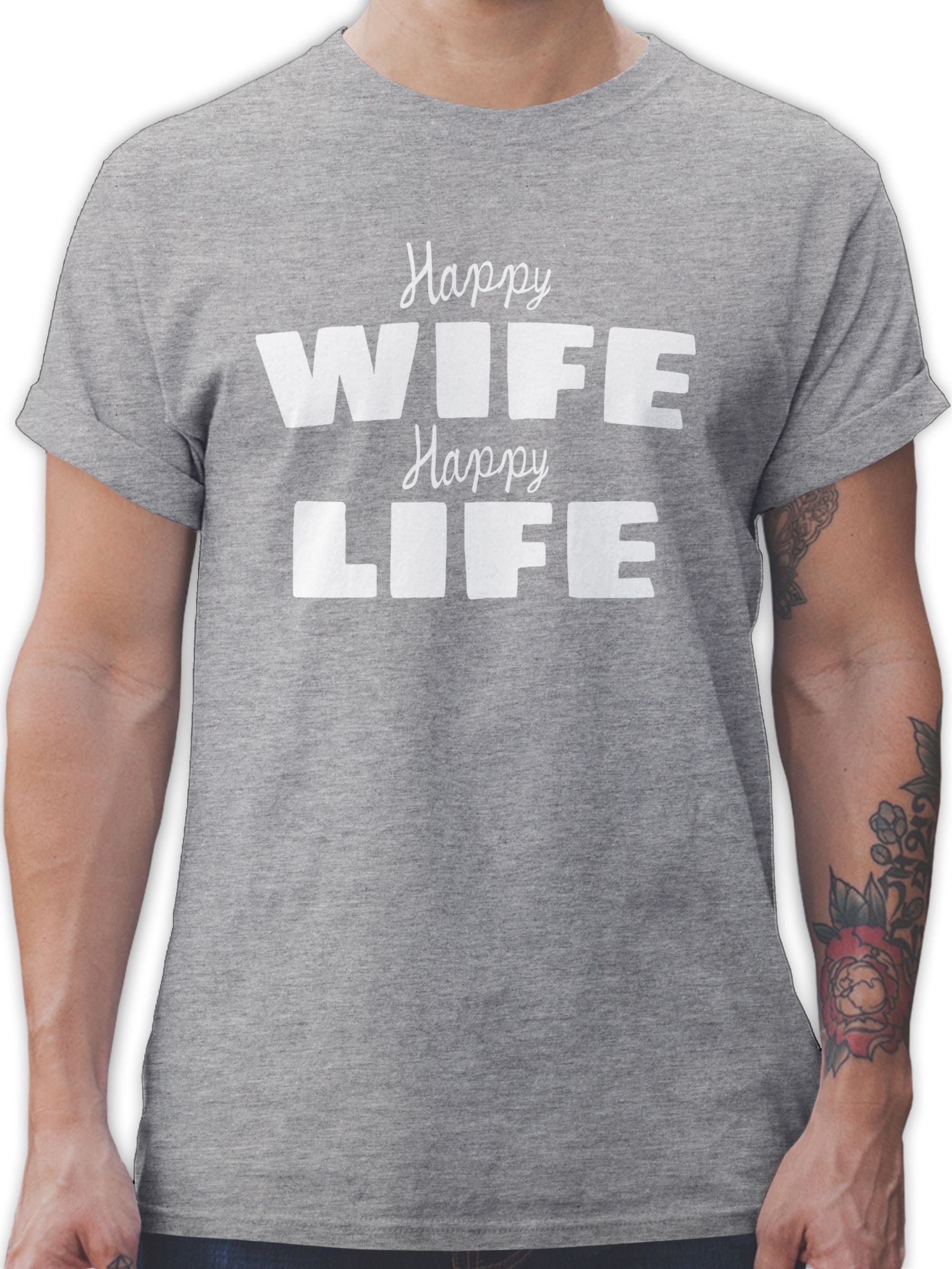 Shirtracer T-Shirt Happy wife happy meliert Statement Sprüche life Grau 03