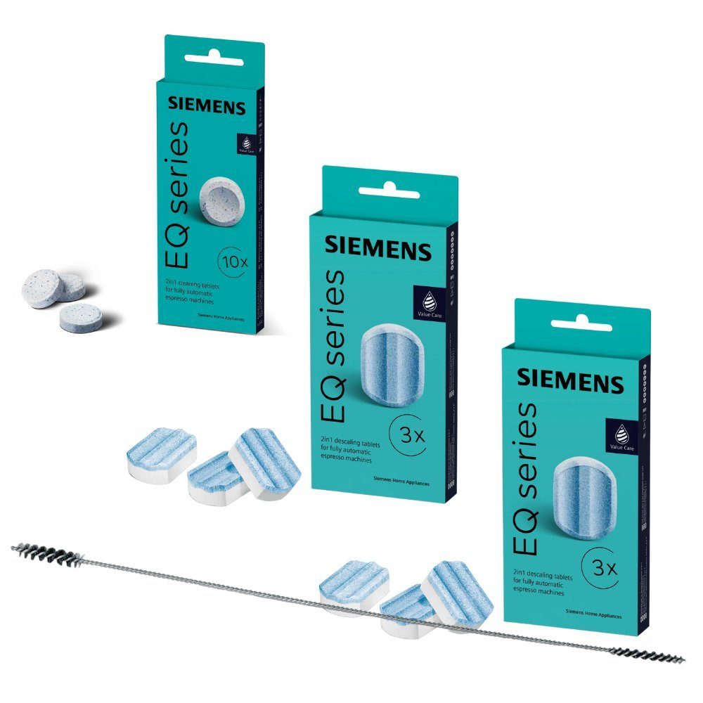 SIEMENS Reinigungstabletten TZ80001A + Entkalkungstabletten TZ80002A + Bürste Pflegeset (Spar-Set, [- 10× TZ80001A, 6× TZ80002A & Spezial‑Reinigungsbürste Komplettes Pflege-Set für Reinigung, Entkalkung & Tiefenhygiene)