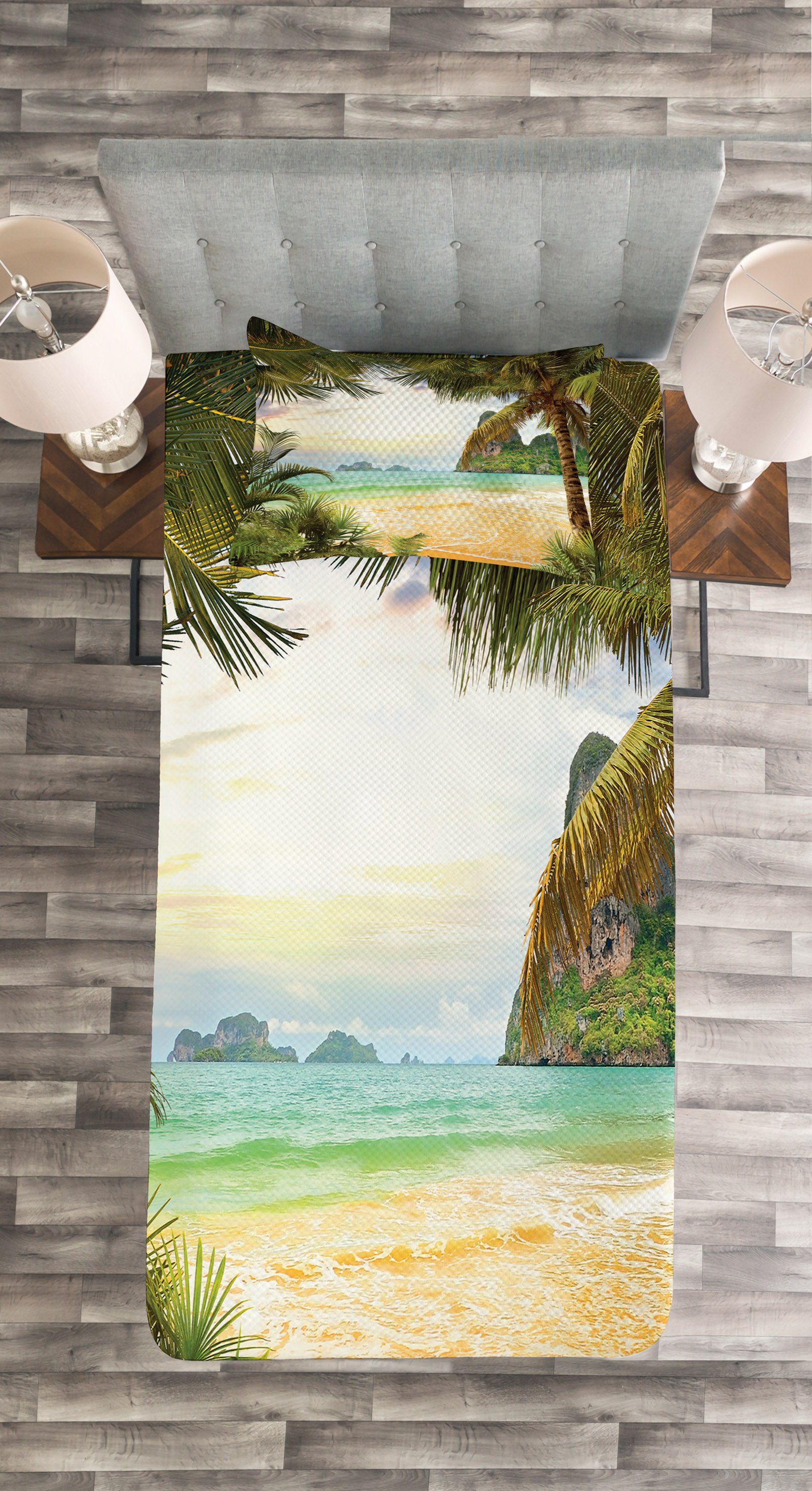 Tagesdecke Set mit Kissenbezügen Insel Strand Abakuhaus, Kokosnussbäume Waschbar, Palm