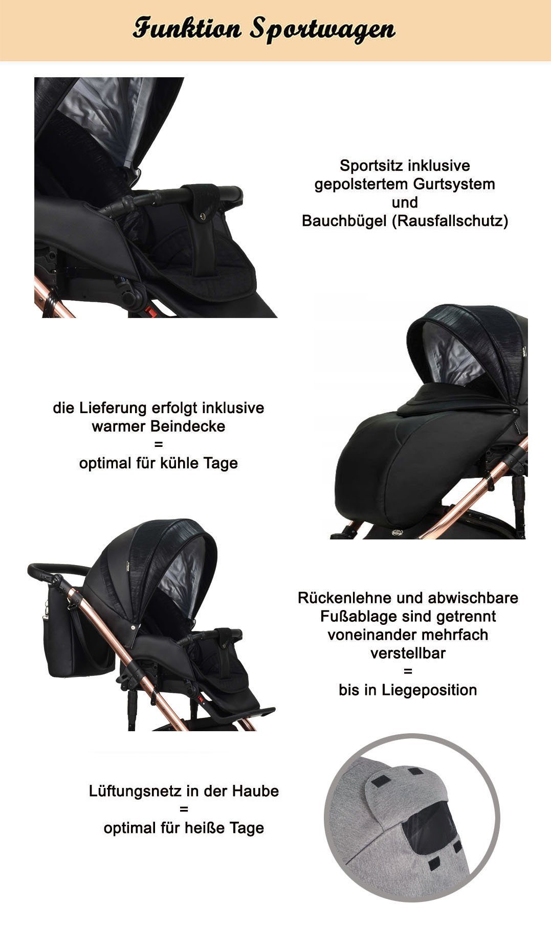 BabyMerc Kombi-Kinderwagen Vip Lux 4 in 1 inkl. Sportsitz, Autositz und Zubehör in 21 Farben