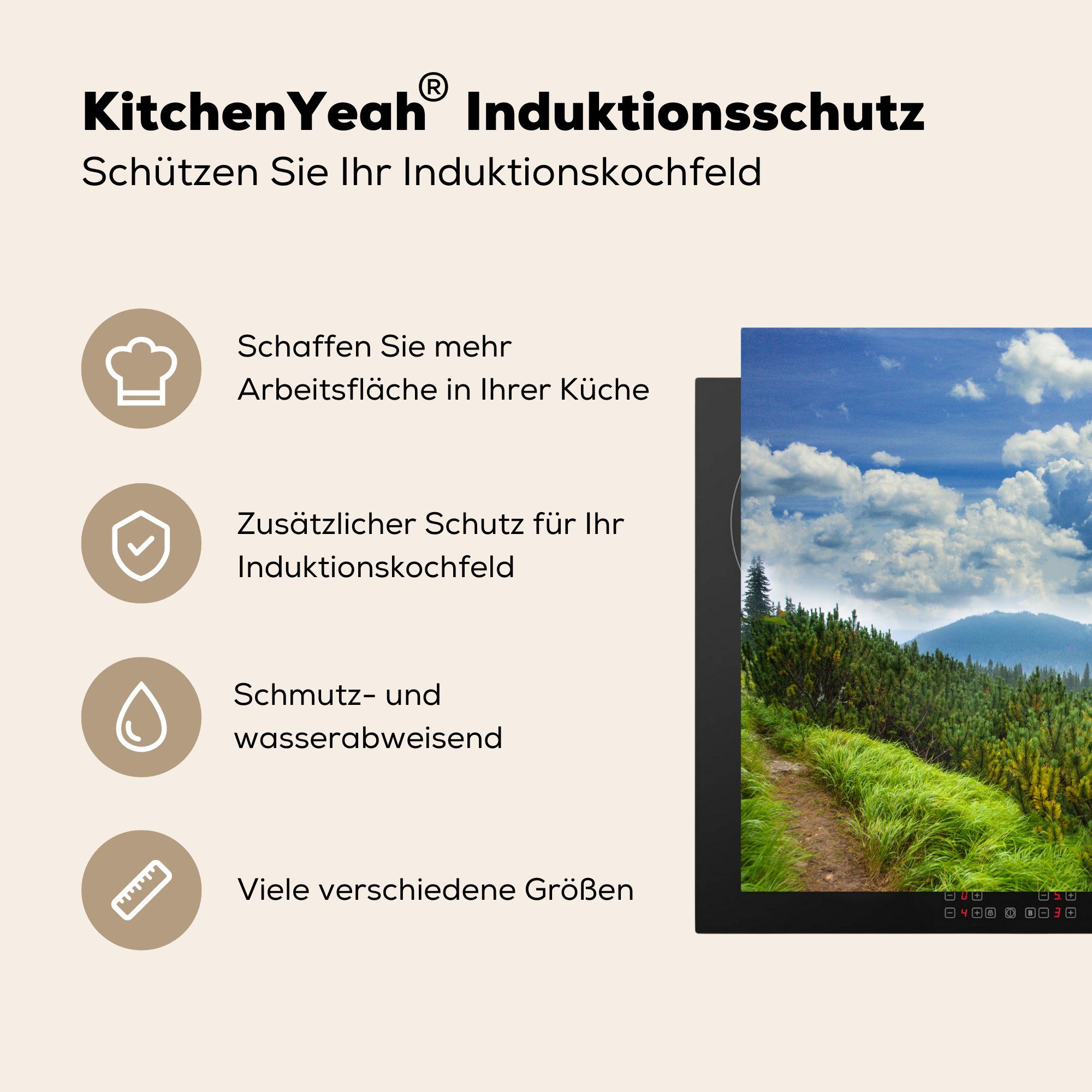 - - Wald Berg, Pfad cm, Vinyl, Ceranfeldabdeckung, (1 MuchoWow 78x78 Herdblende-/Abdeckplatte tlg), für küche Arbeitsplatte