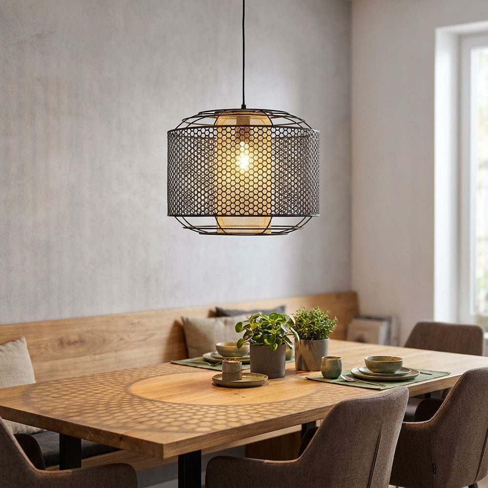 GLOBO LIGHTING LED Pendelleuchte, Leuchtmittel inklusive, Warmweiß, LED Hängeleuchte Metall schwarz DENTON Gitteroptik Schirm rund H 150cm