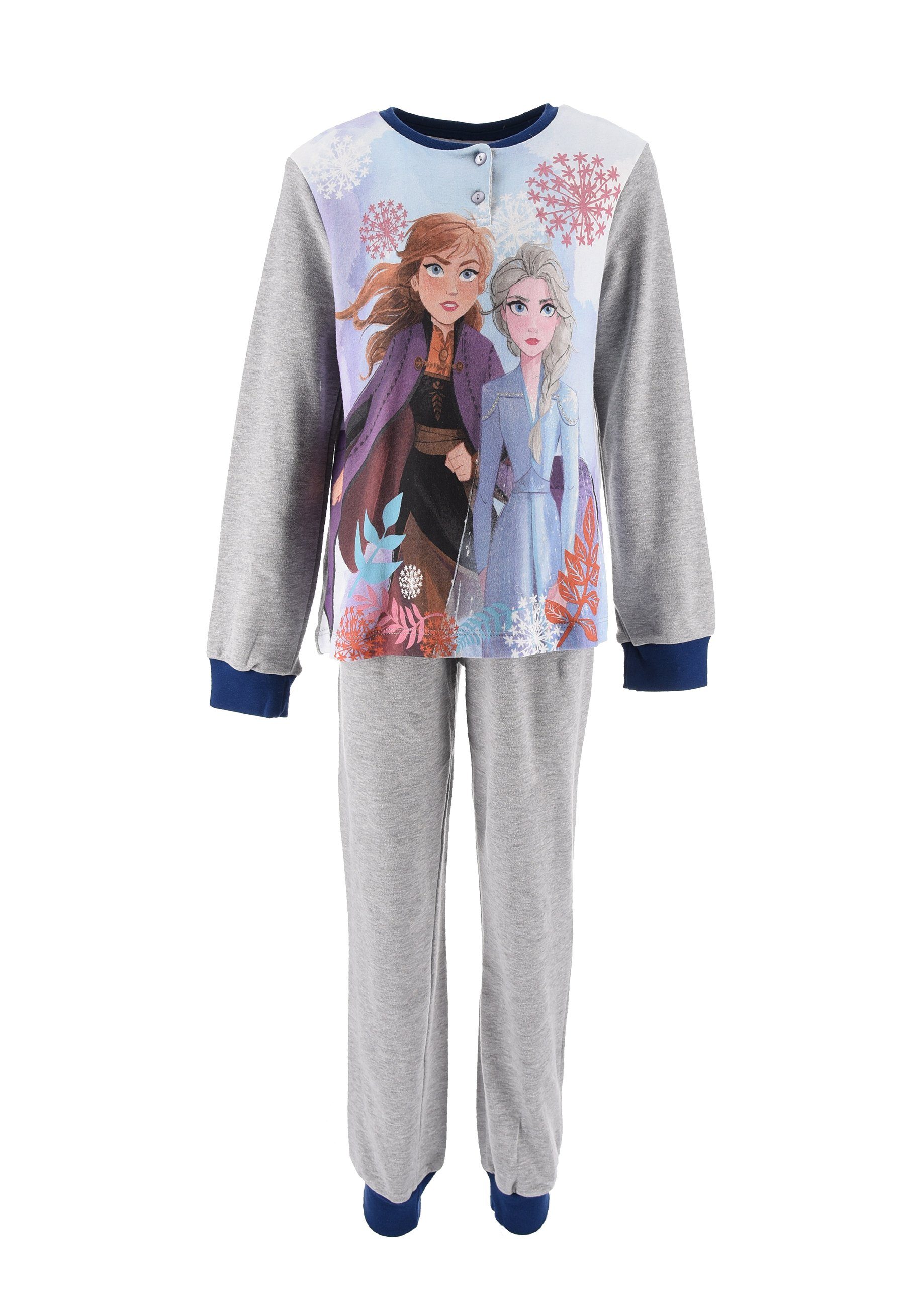 Disney Frozen Schlafanzug Die Eiskönigin Anna und Elsa Kinder Mädchen Schlafanzug Kinder Pyjama Langarm Shirt + Schlaf-Hose (2 tlg) Grau