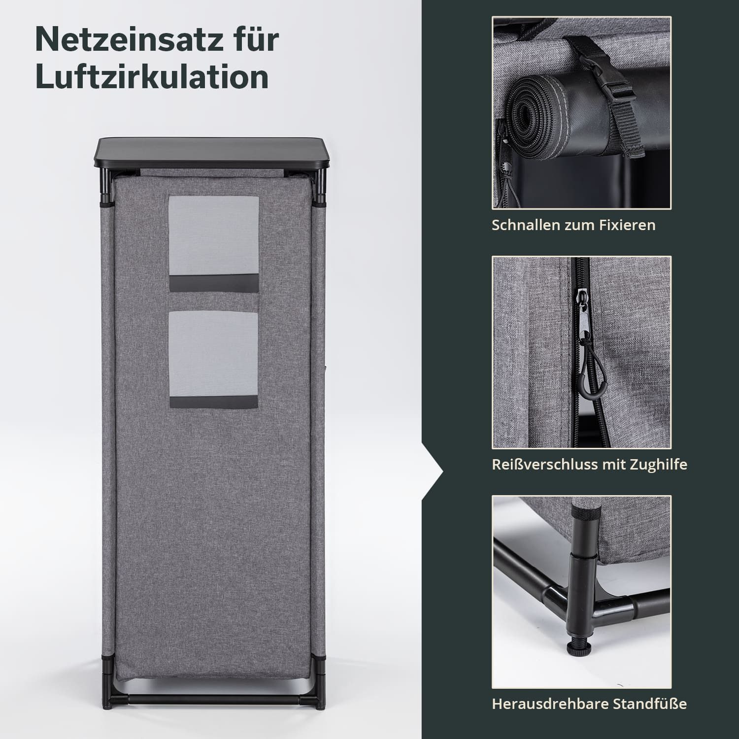 Skandika Campingschrank Ruoka, Hochschrank, Campingküche, 140 cm hoch, faltbar, klappbar (Organizer-Taschen, Reißverschluss-Zughilfen, belastbar bis 50 kg) schmall, Stecksystem ohne Werkzeug, 4 Fächer mit Einlegeböden, Camping