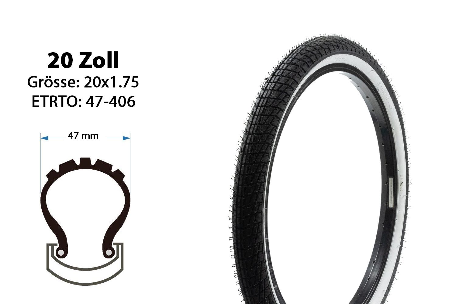 KENDA Fahrradreifen 20 Zoll Fahrrad Reifen 20x1.95 BMX Mantel Decke 47-406 Whitewall tire
