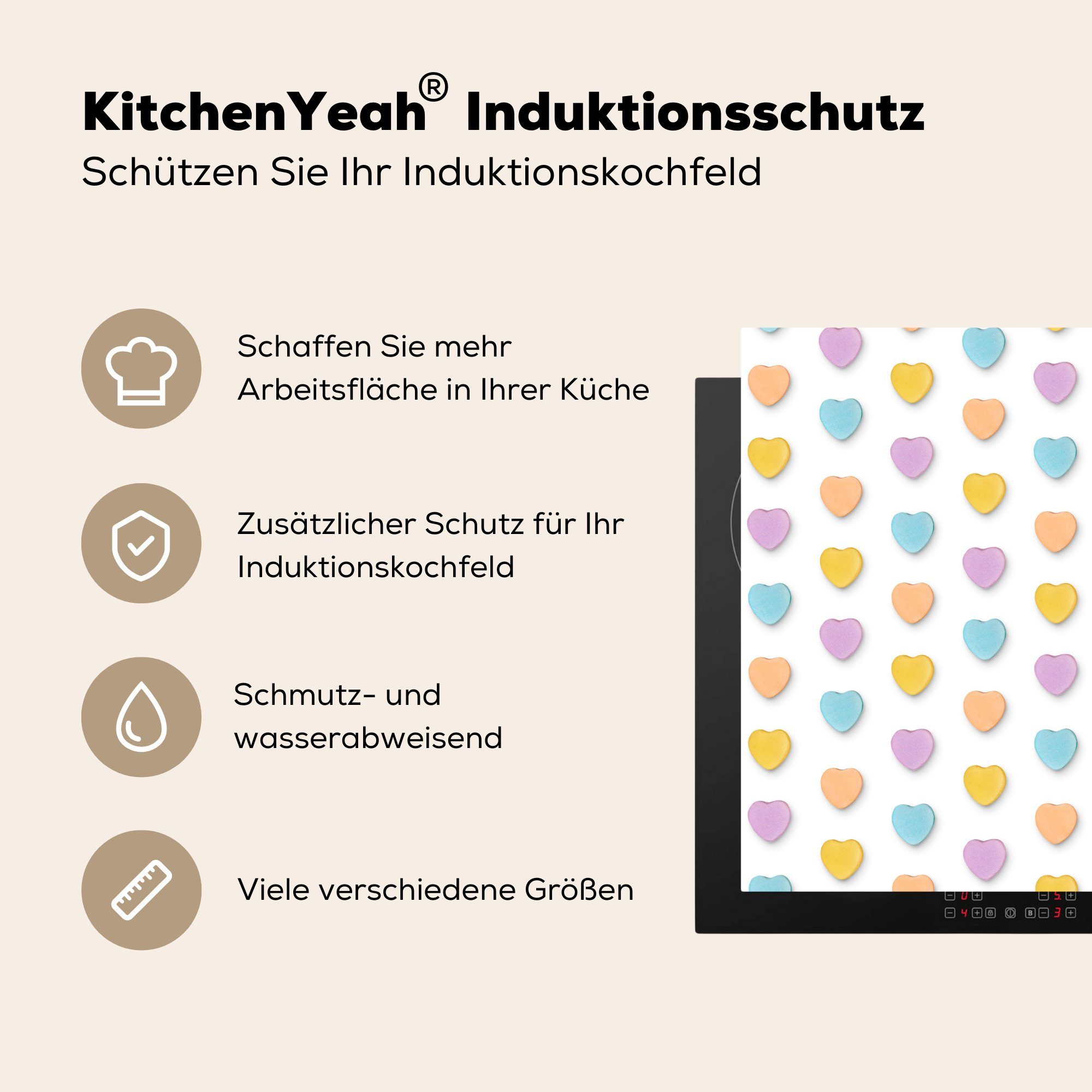 MuchoWow Herdblende-/Abdeckplatte Pastell Arbeitsplatte küche für 78x78 Muster Vinyl, cm, Herz, - Ceranfeldabdeckung, tlg), - (1