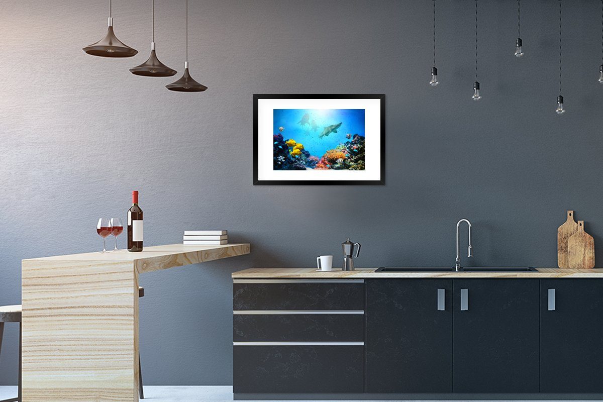 MuchoWow Poster Meer - Fische - Korallen, (1 St), mit Rahmen, Kunstdruck, Gerahmtes Poster, Schwarzem Bilderrahmen