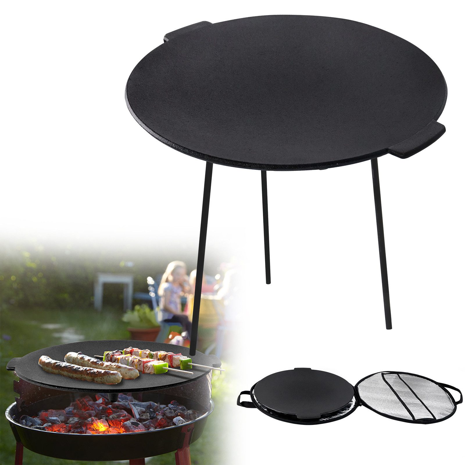 FIVMEN Grillplatte Gusseisen Grillpfanne Dutch Oven mit 3 Beinen Grilltisch Grill, Ø45 cm, für Oudoor & Indoor