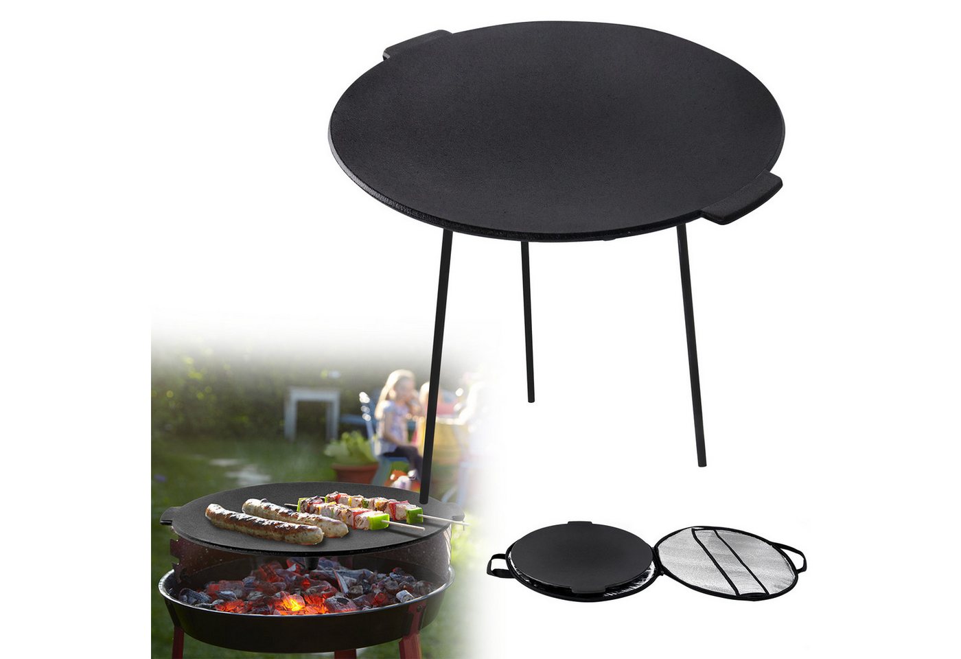 FIVMEN Grillplatte Gusseisen Grillpfanne Dutch Oven mit 3 Beinen Grilltisch Grill, Ø45 cm, für Oudoor & Indoor