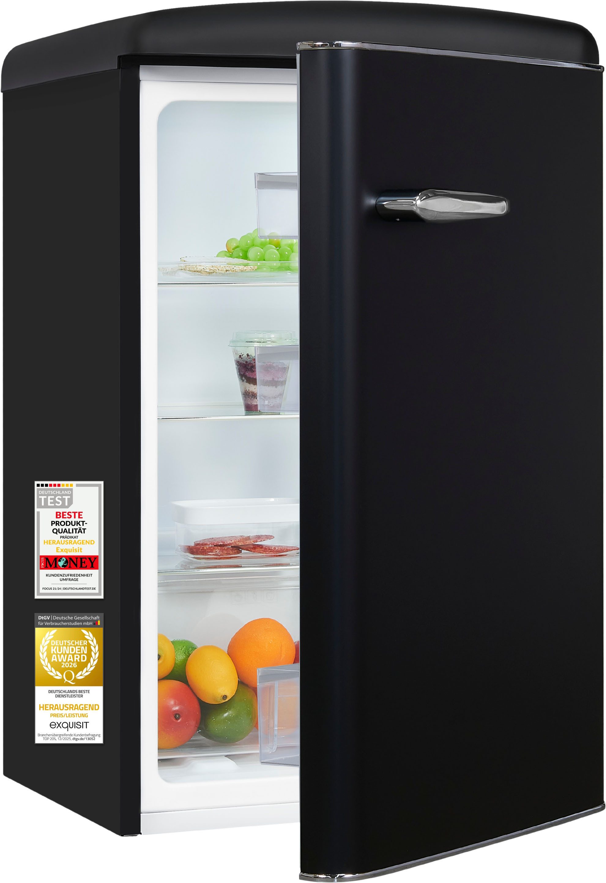 exquisit Kühlschrank RKS120-V-H-160C mattschwarz, 89,5 cm hoch, 54,5 cm breit, LED-Beleuchtung, verstellbare Glasböden, Retro-Design
